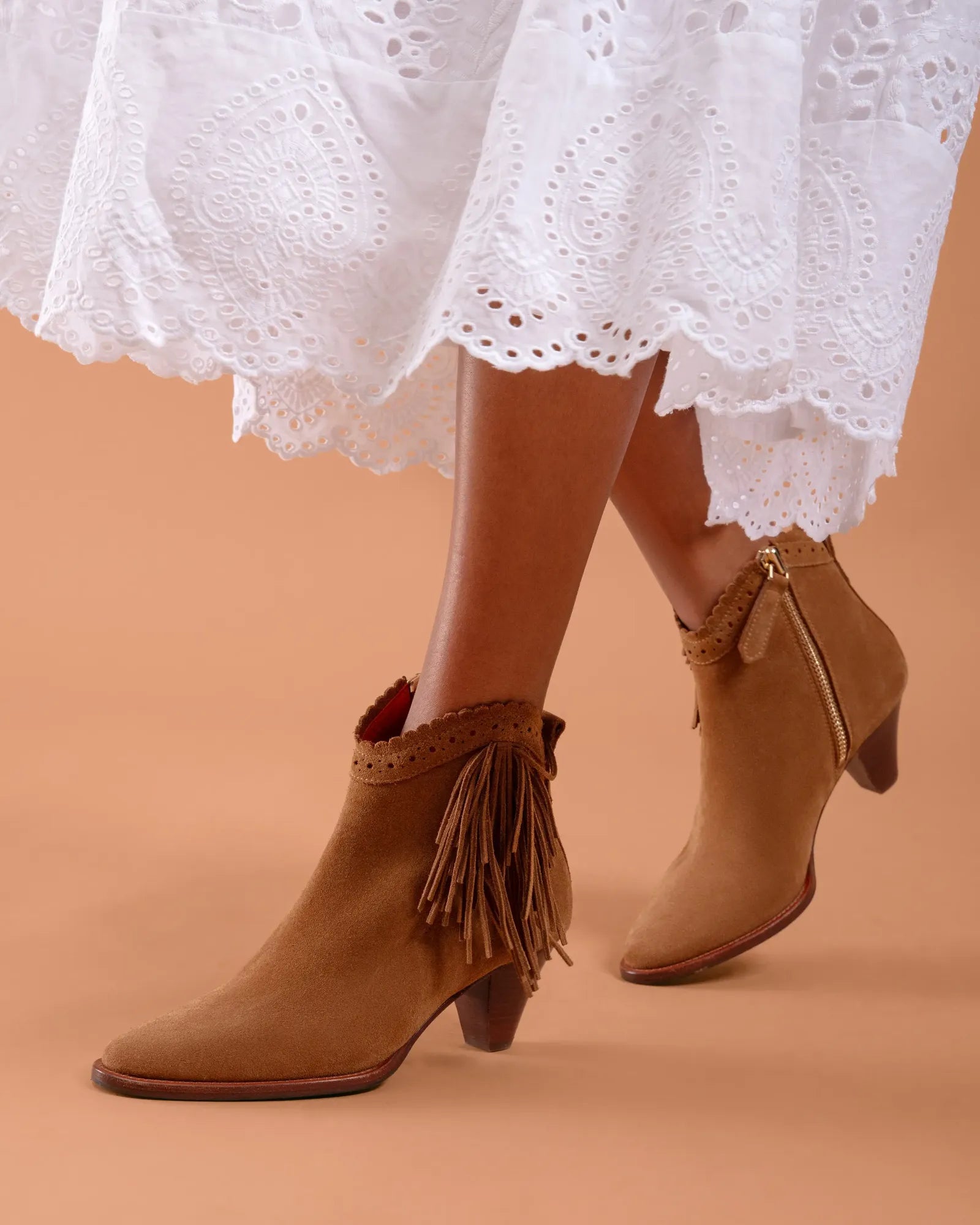 Fringed Regina Ankle Boots - Tan Suede