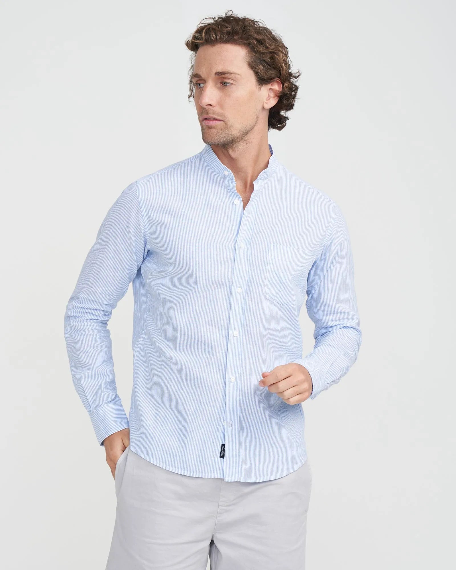 Dag Colarless Shirt - Blue/White Stripe