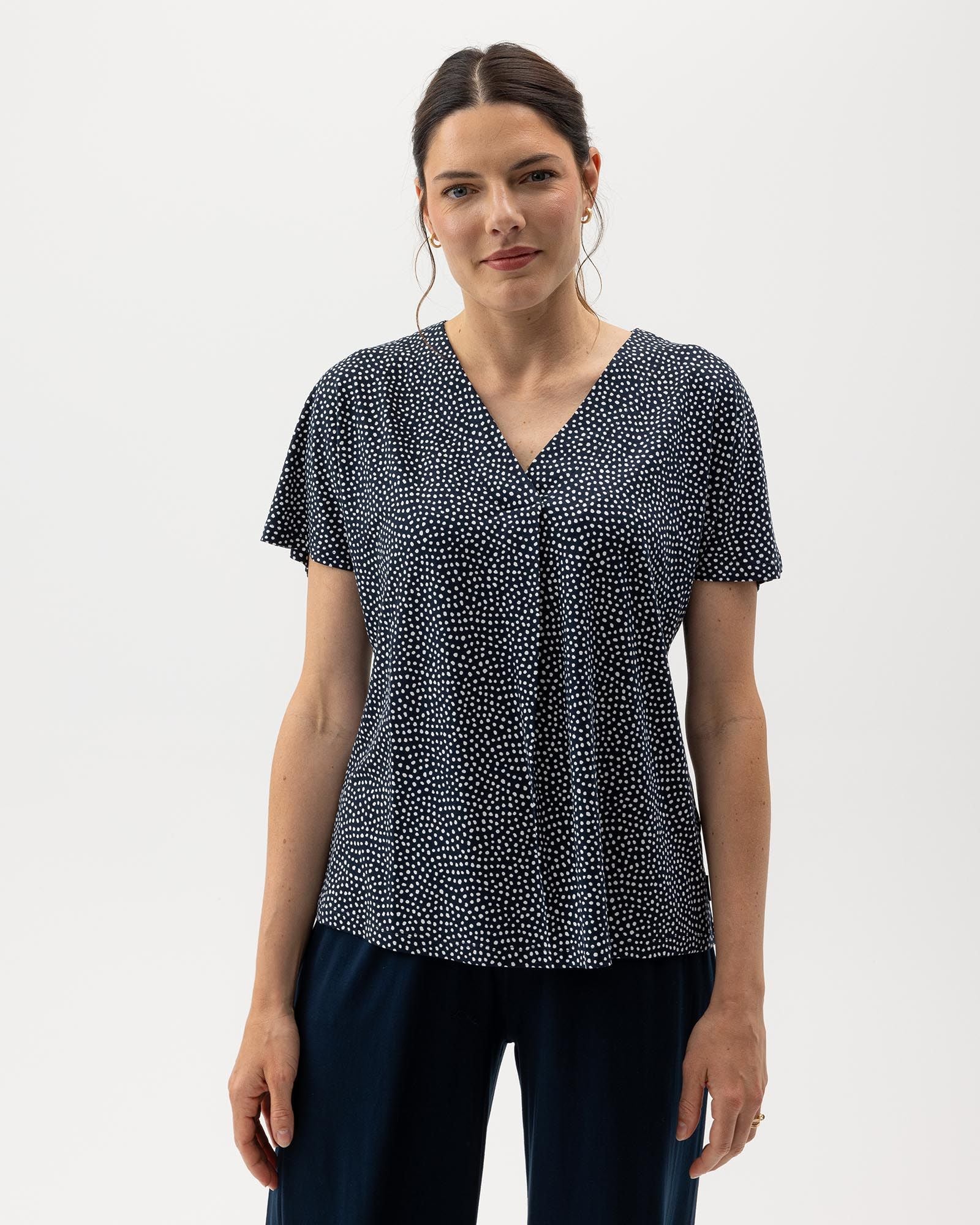 Esther V-Neck Top - Navy/Off White Dot