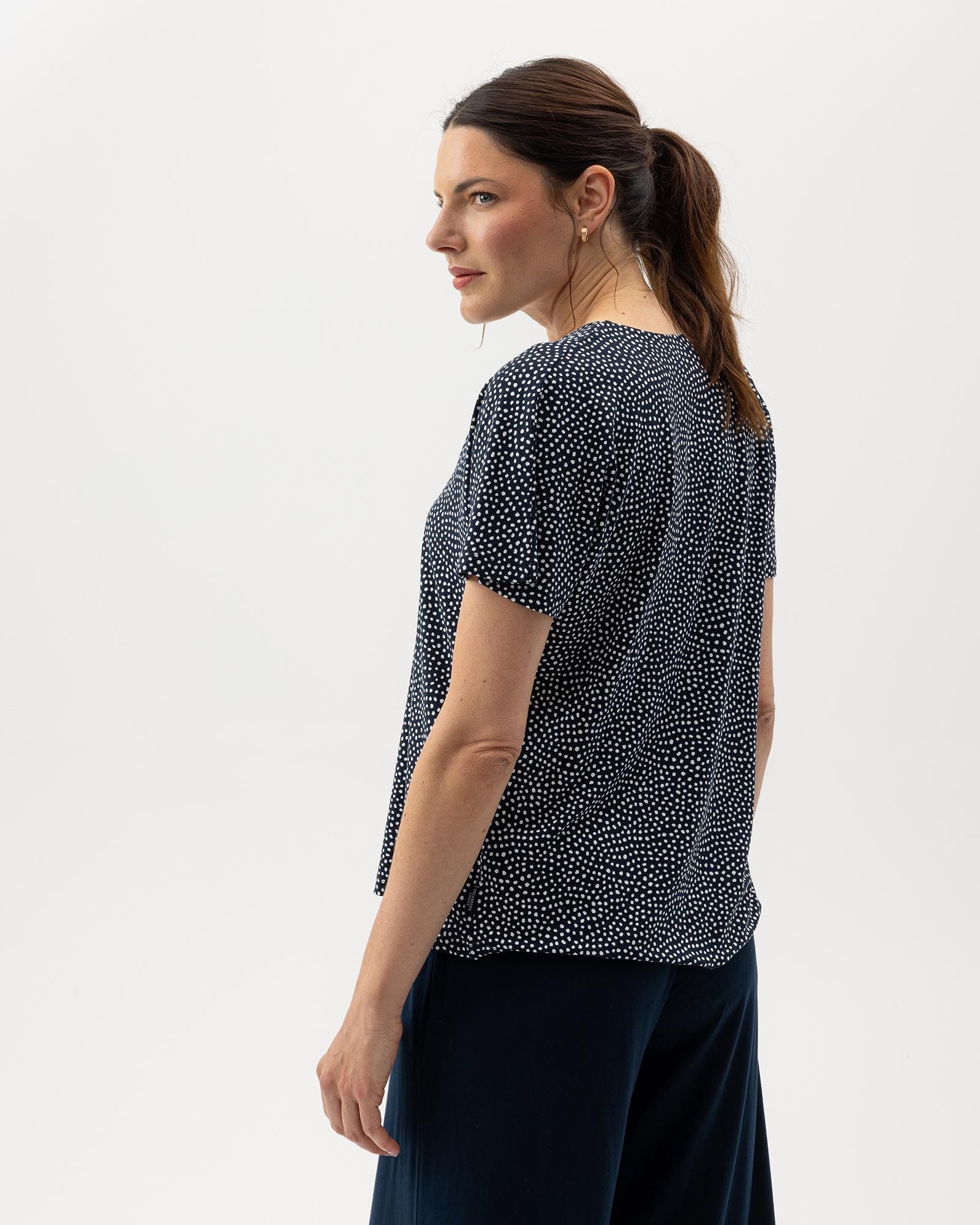 Esther V-Neck Top - Navy/Off White Dot