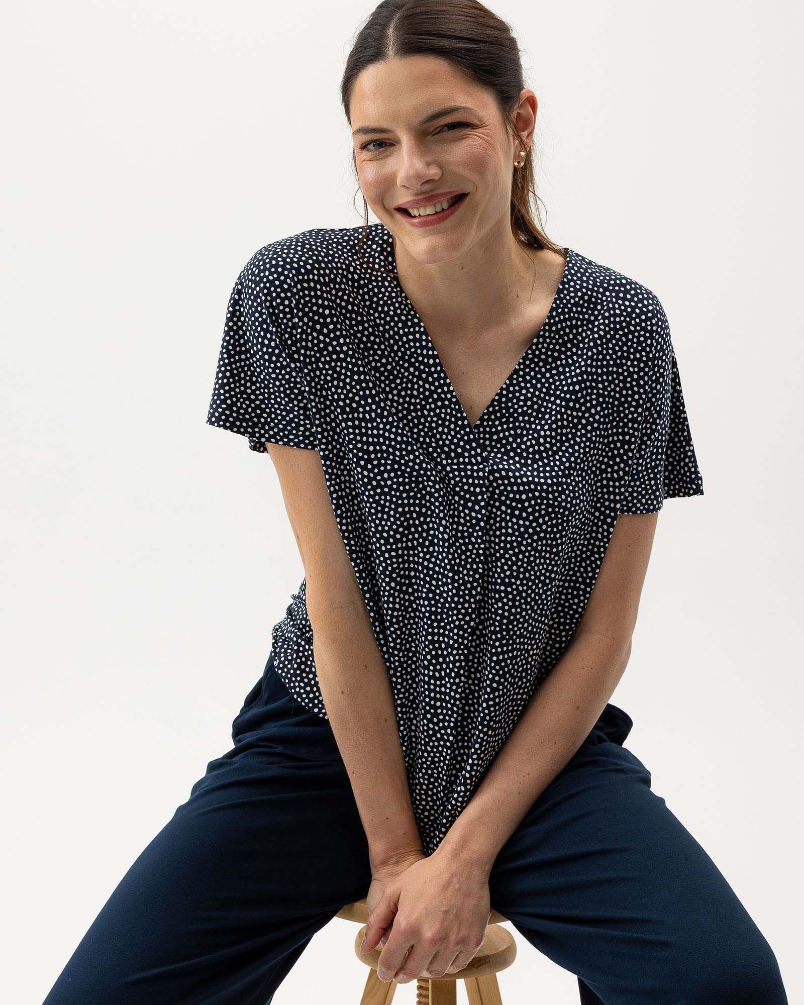 Esther V-Neck Top - Navy/Off White Dot