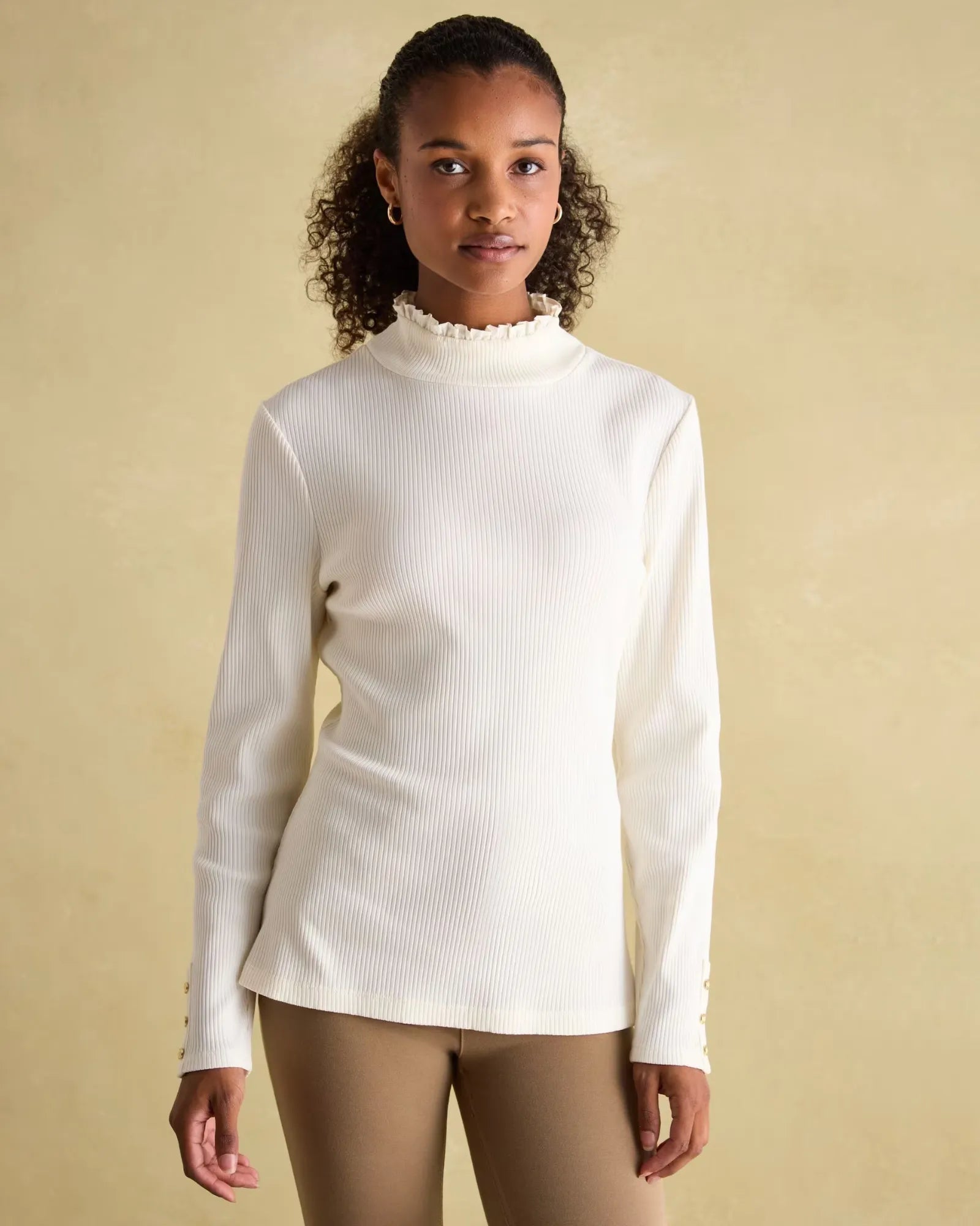 Amy Cream Ribbed Long Sleeve High Neck Jersey Top