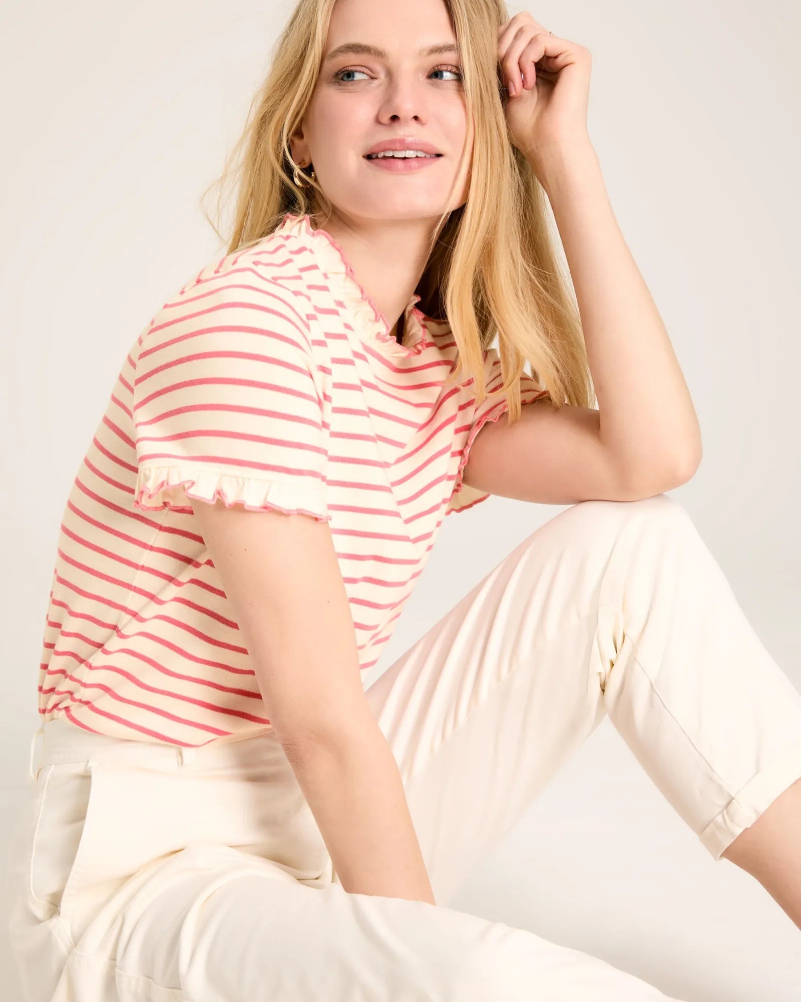 Daisy Pink/Cream Short Sleeve Frilled Neck Top