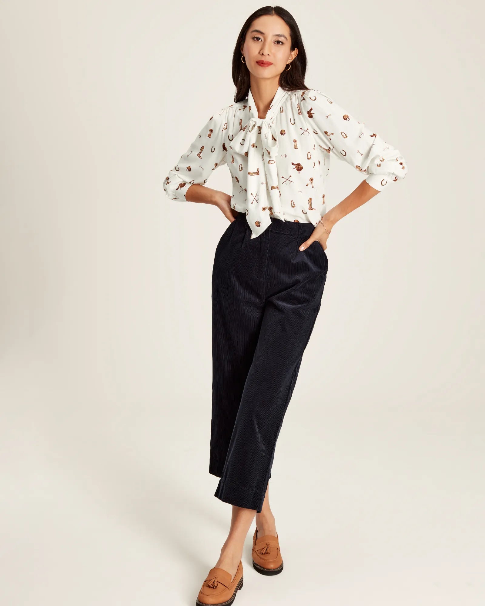 Everly Tie Neck Blouse - Equestrian Print