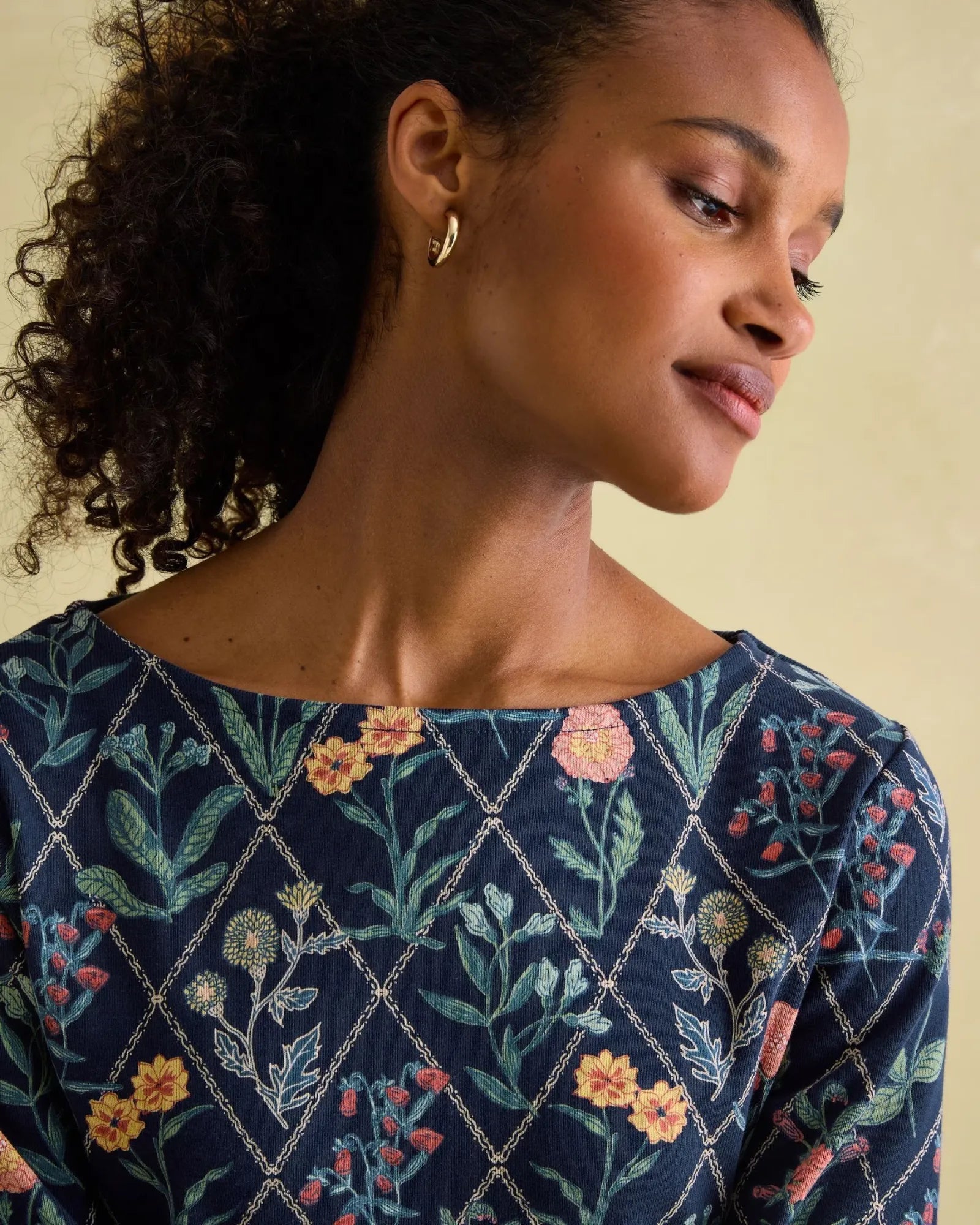 Harbour Navy Floral Boat Neck Breton Top