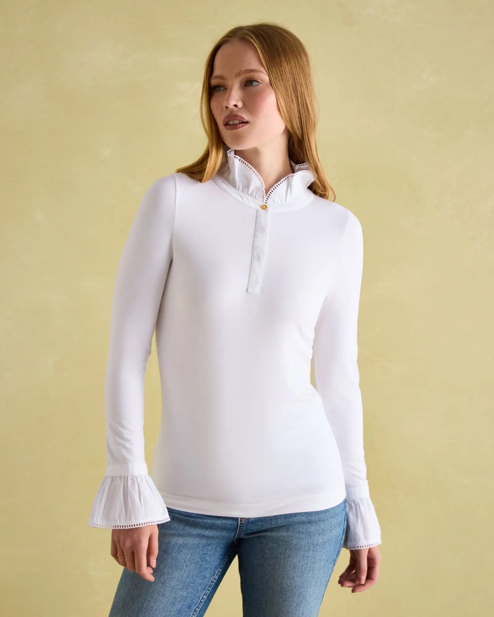 Kate White Long Sleeve Frilled Neck Top
