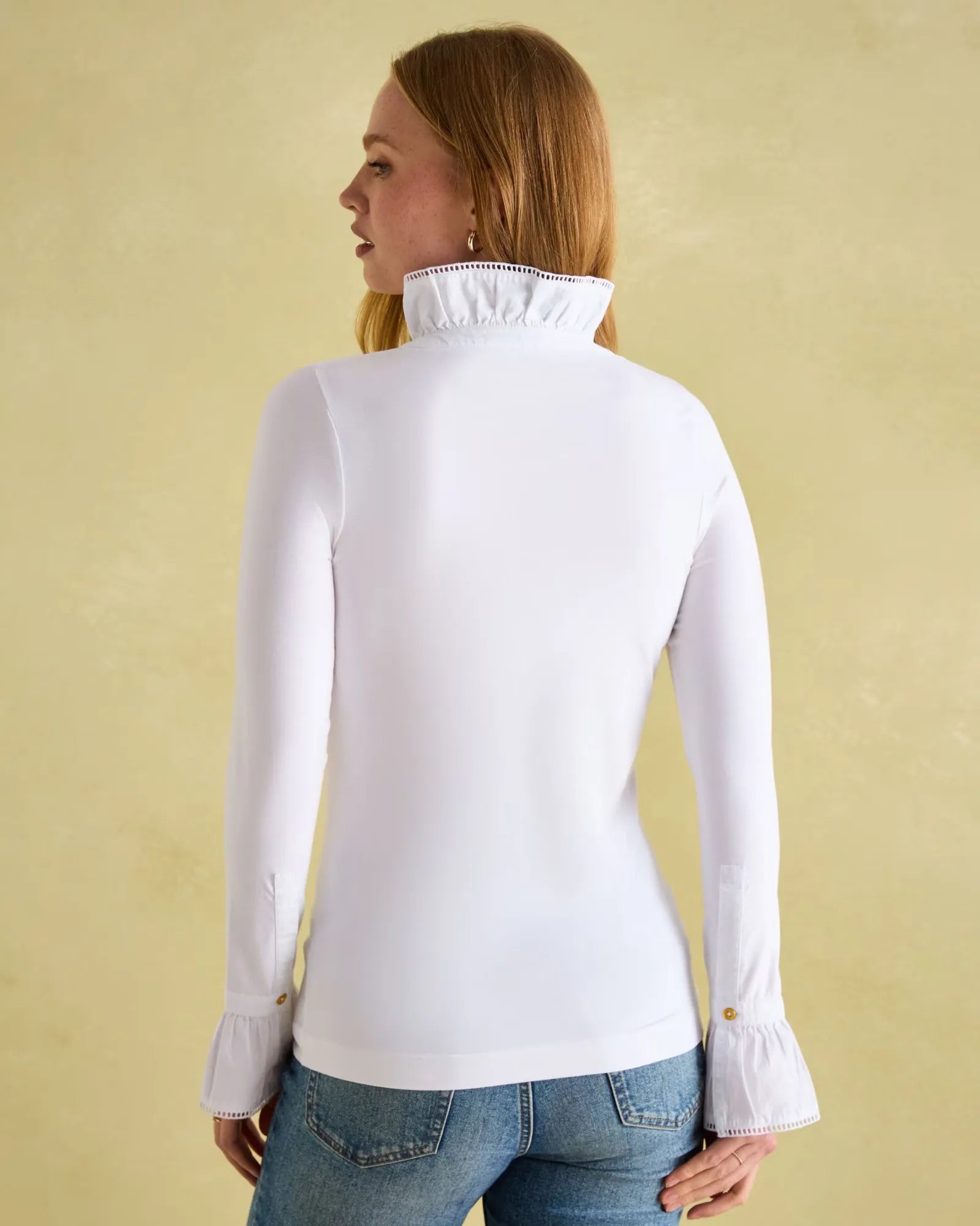 Kate White Long Sleeve Frilled Neck Top