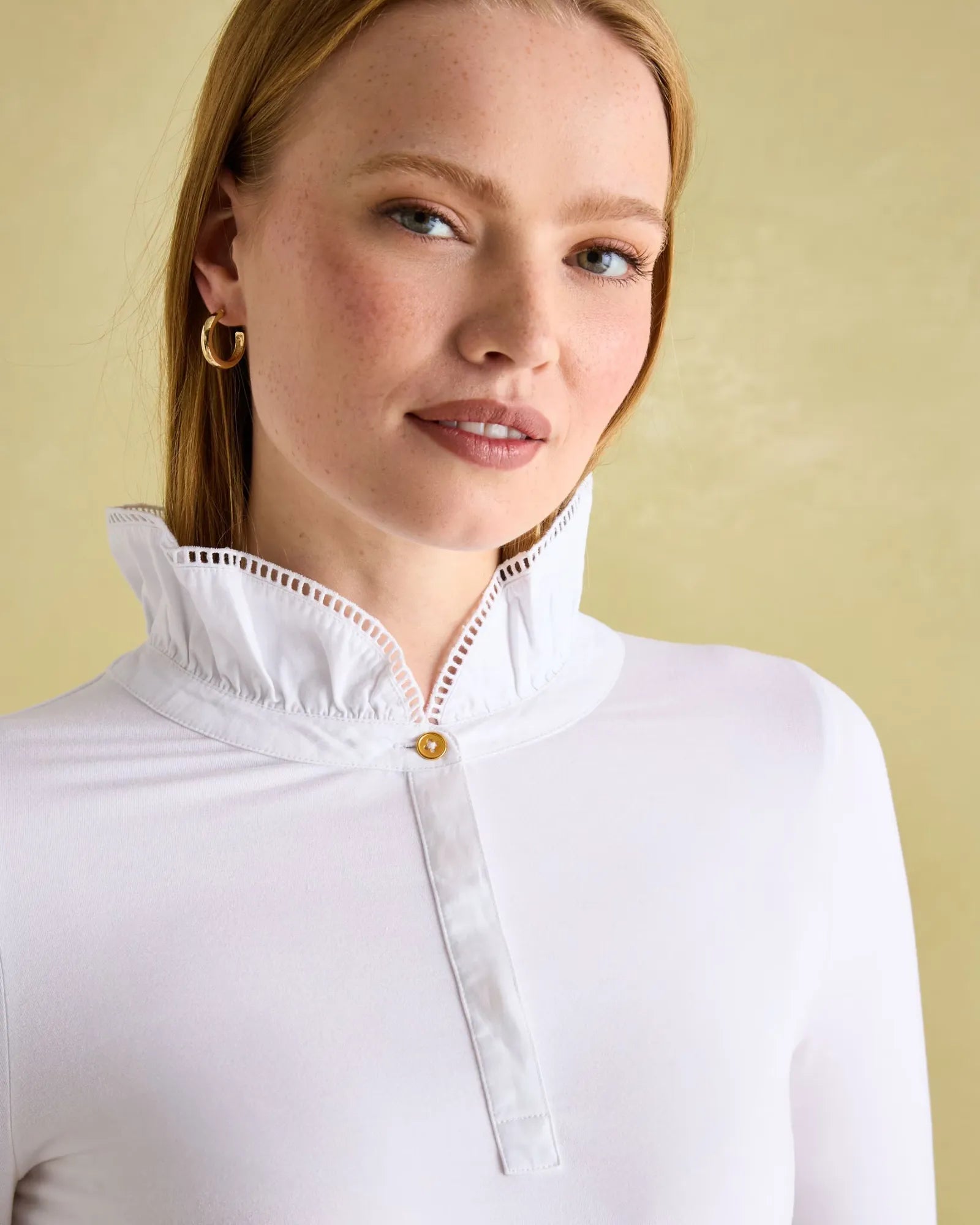 Kate White Long Sleeve Frilled Neck Top