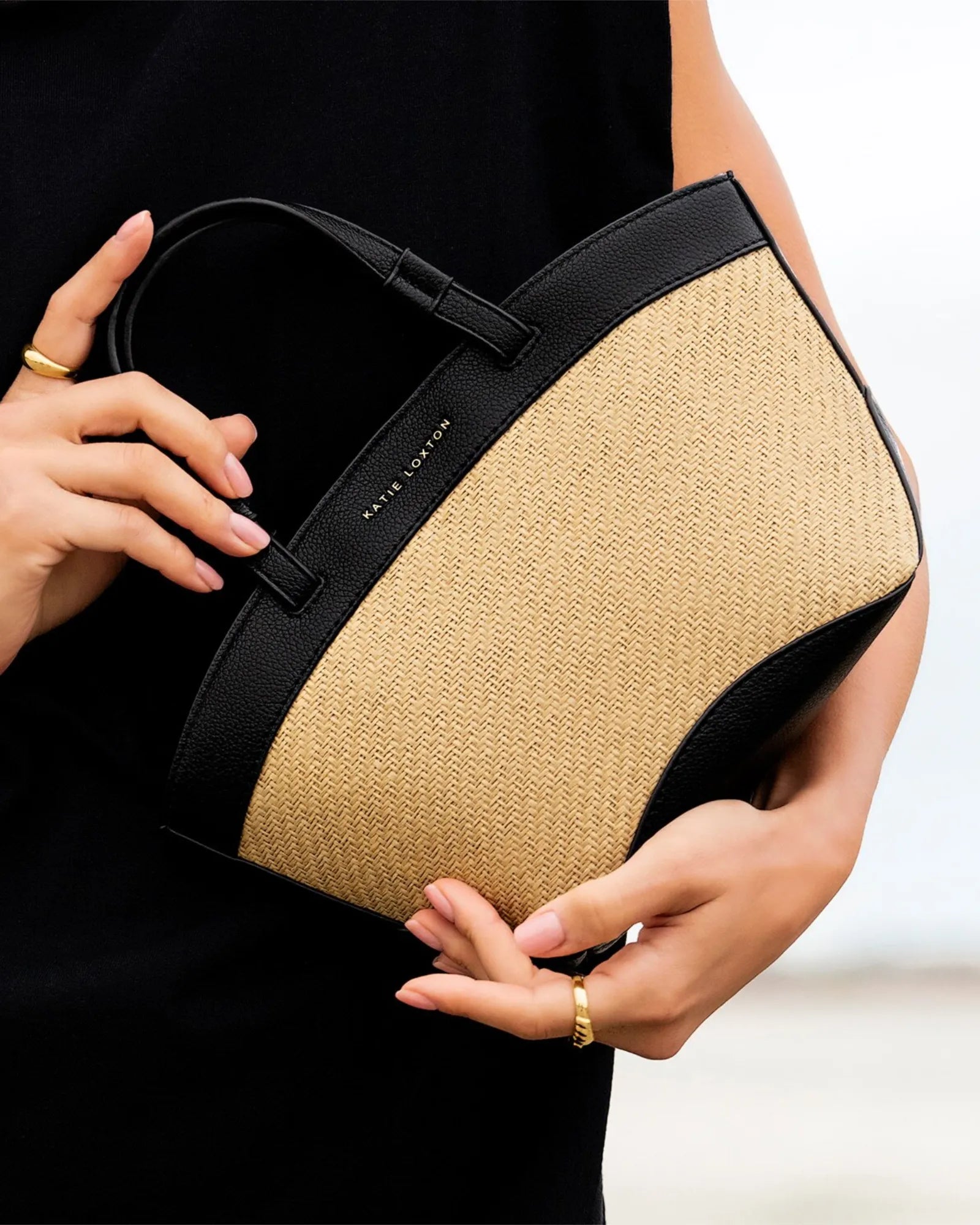 Riviera Raffia Mini Tote Bag - Black