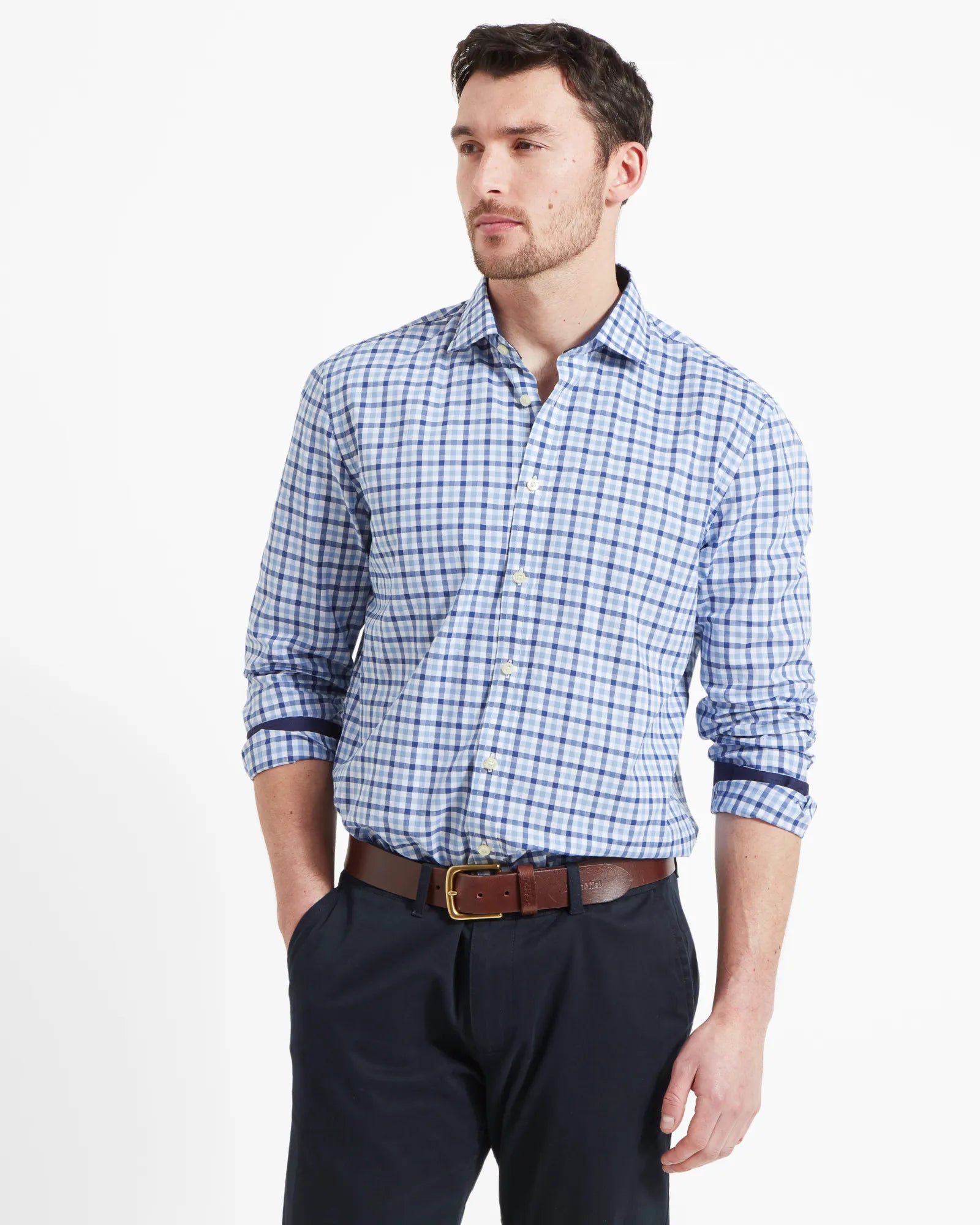 Hebden Tailored Shirt - French Navy/Sky Blue Check
