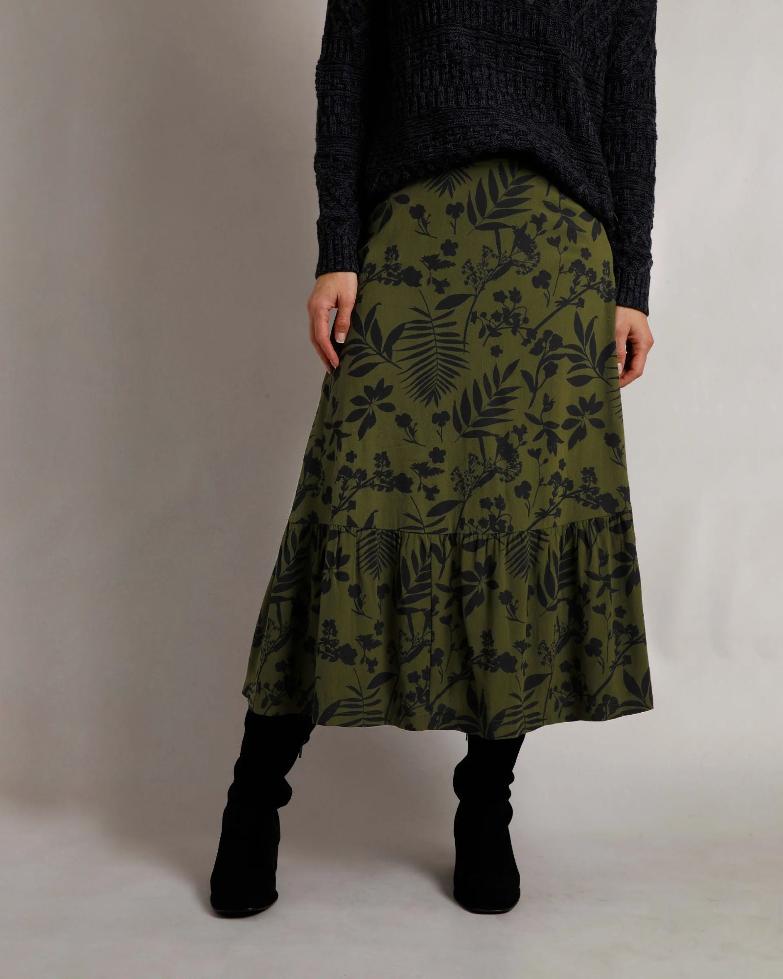 Minerve Olive Green Printed Midi Skirt