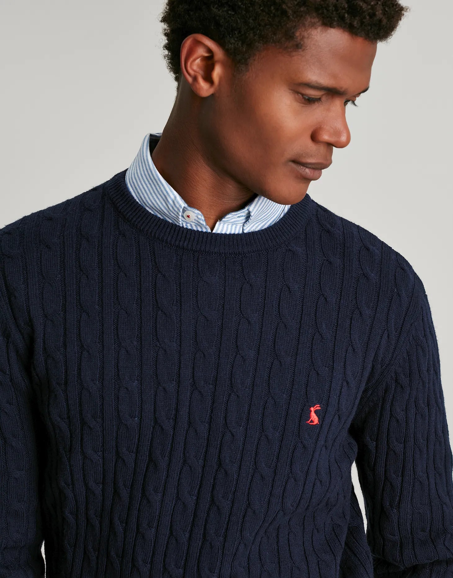 Glendale Fine Knit Cable Crew Neck Jumper - French Navy Marl