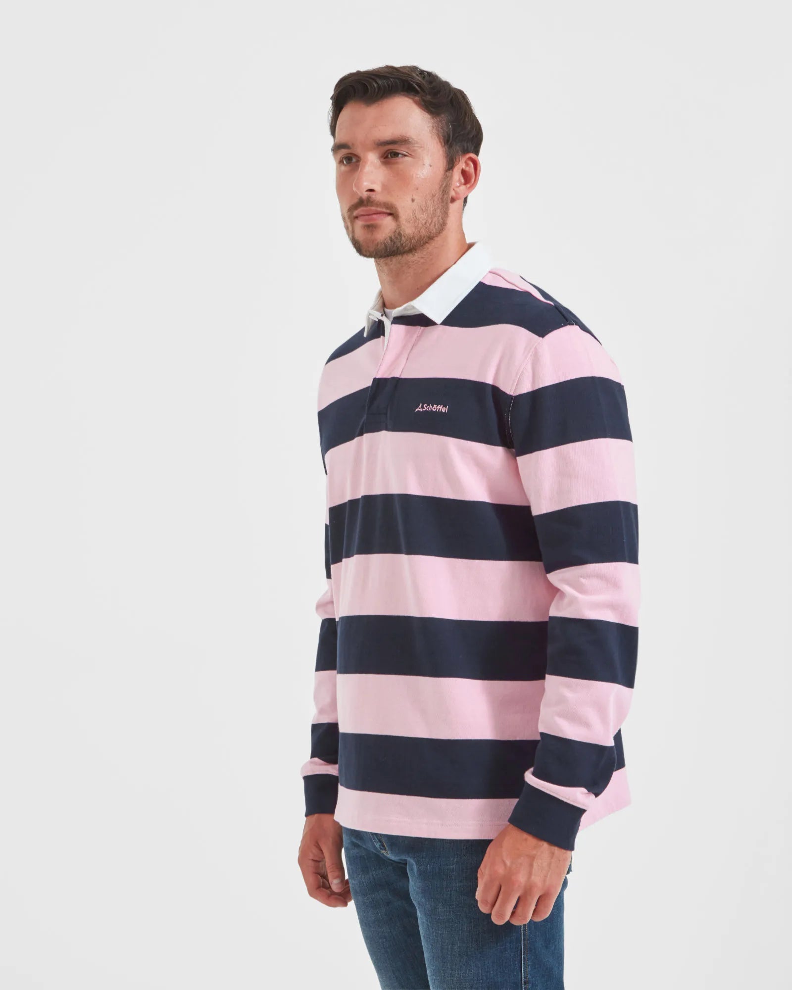 St Mawes Rugby Shirt - Navy/Pink Stripe
