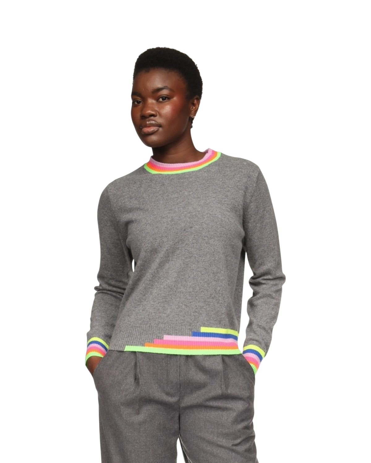 Multi Coloured Trim Crew - Mid Grey