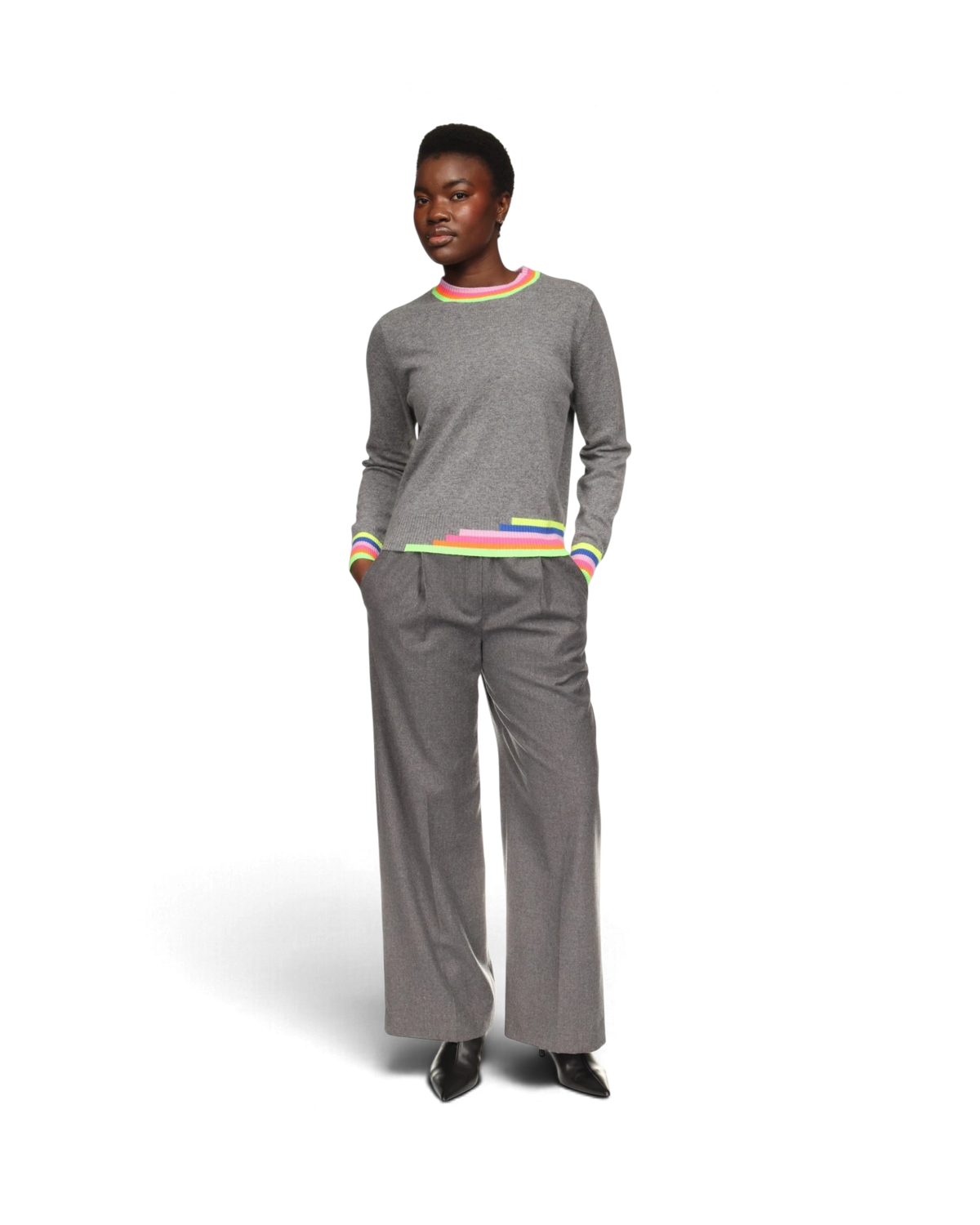 Multi Coloured Trim Crew - Mid Grey