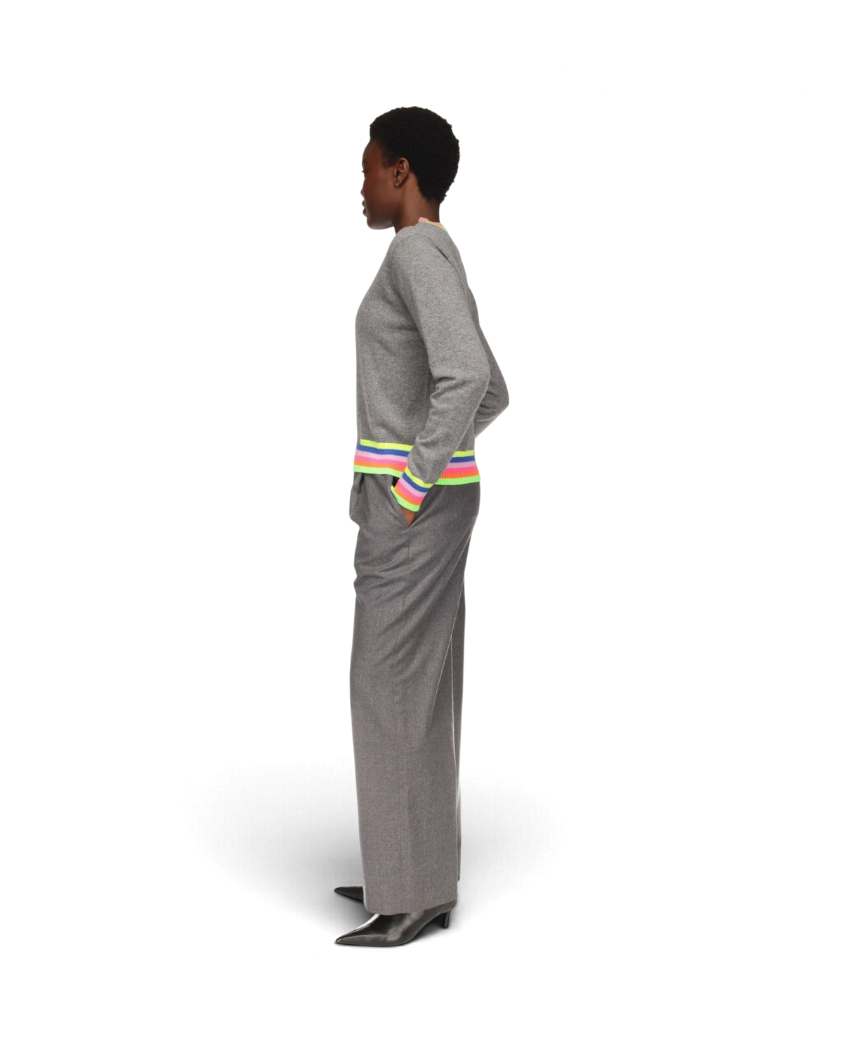 Multi Coloured Trim Crew - Mid Grey