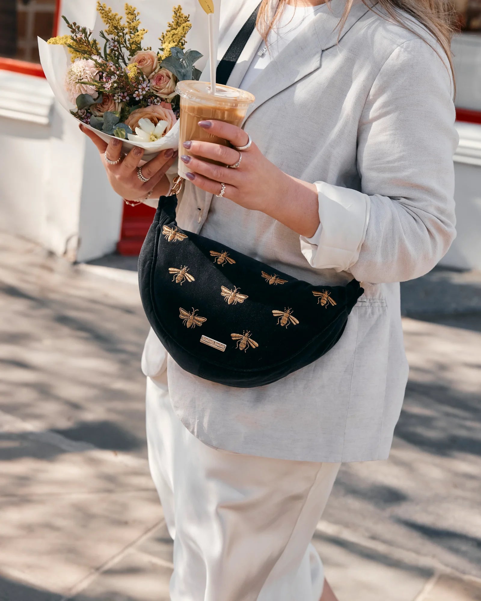 Honey Bee Velvet Crossbody Sling Bag