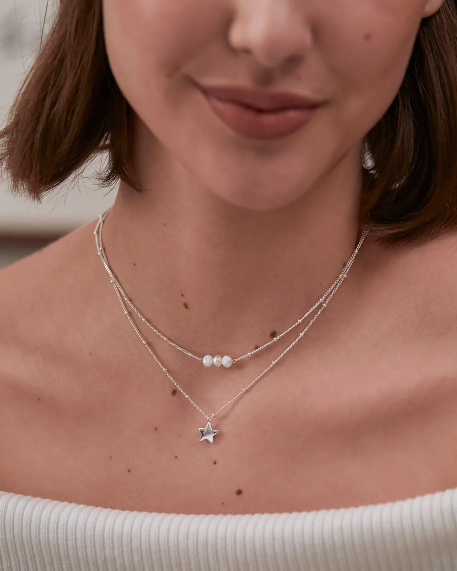 Beaded Chain & Pearl Necklace - Silver Plated
