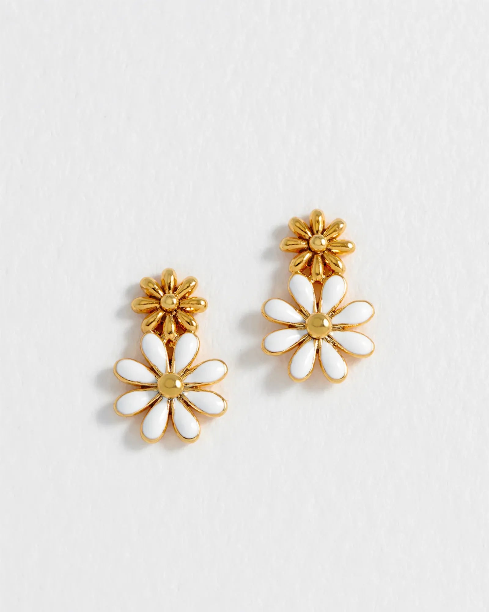 White Enamel Double Flower Studs - Gold Plated