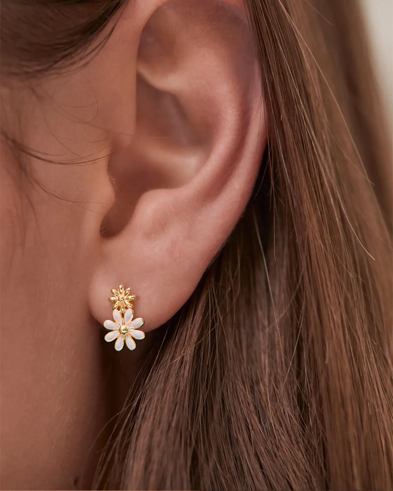 White Enamel Double Flower Studs - Gold Plated