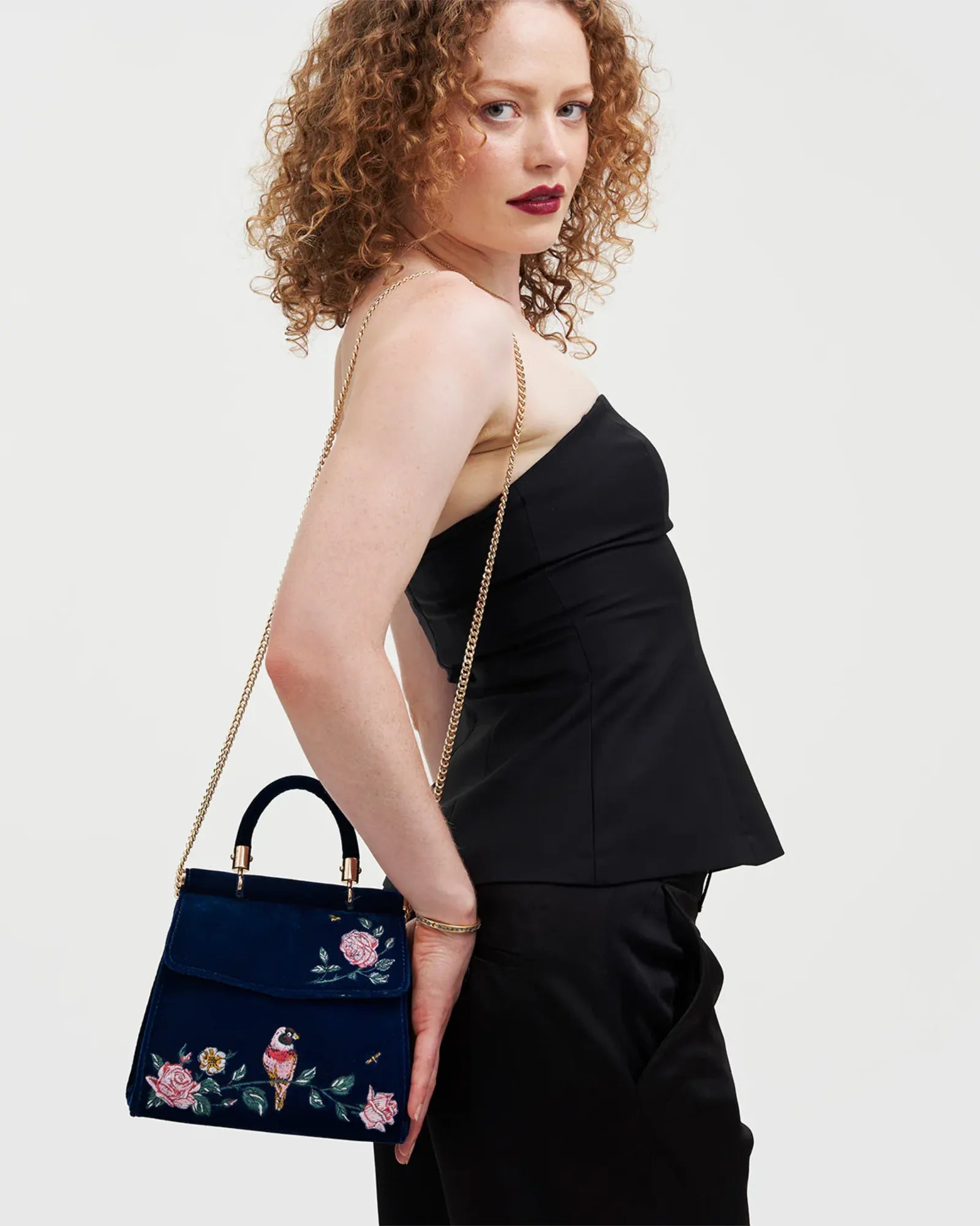 Blue Rosy Posy Embroidered Mini Top Handle Tote