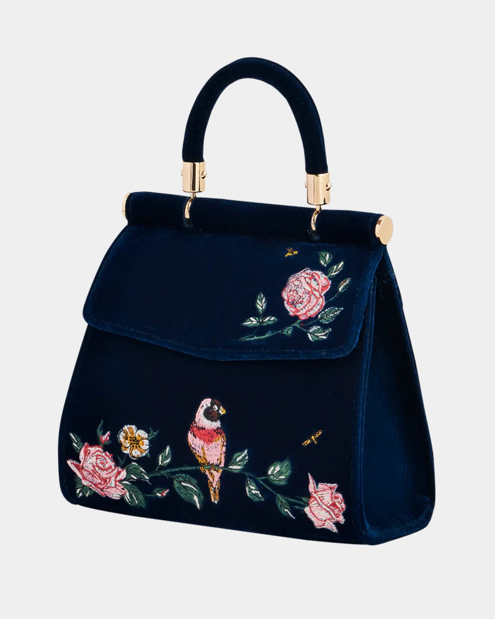 Blue Rosy Posy Embroidered Mini Top Handle Tote