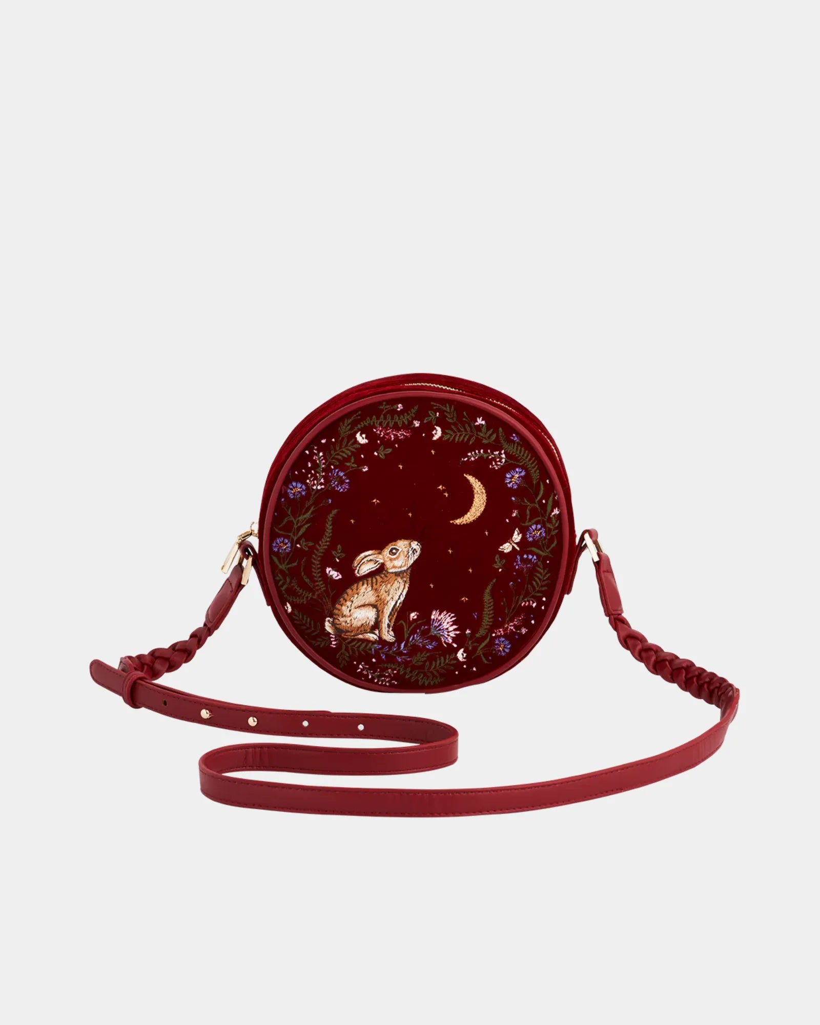 Red Star Gazing Rabbit Embroidered Circle Bag