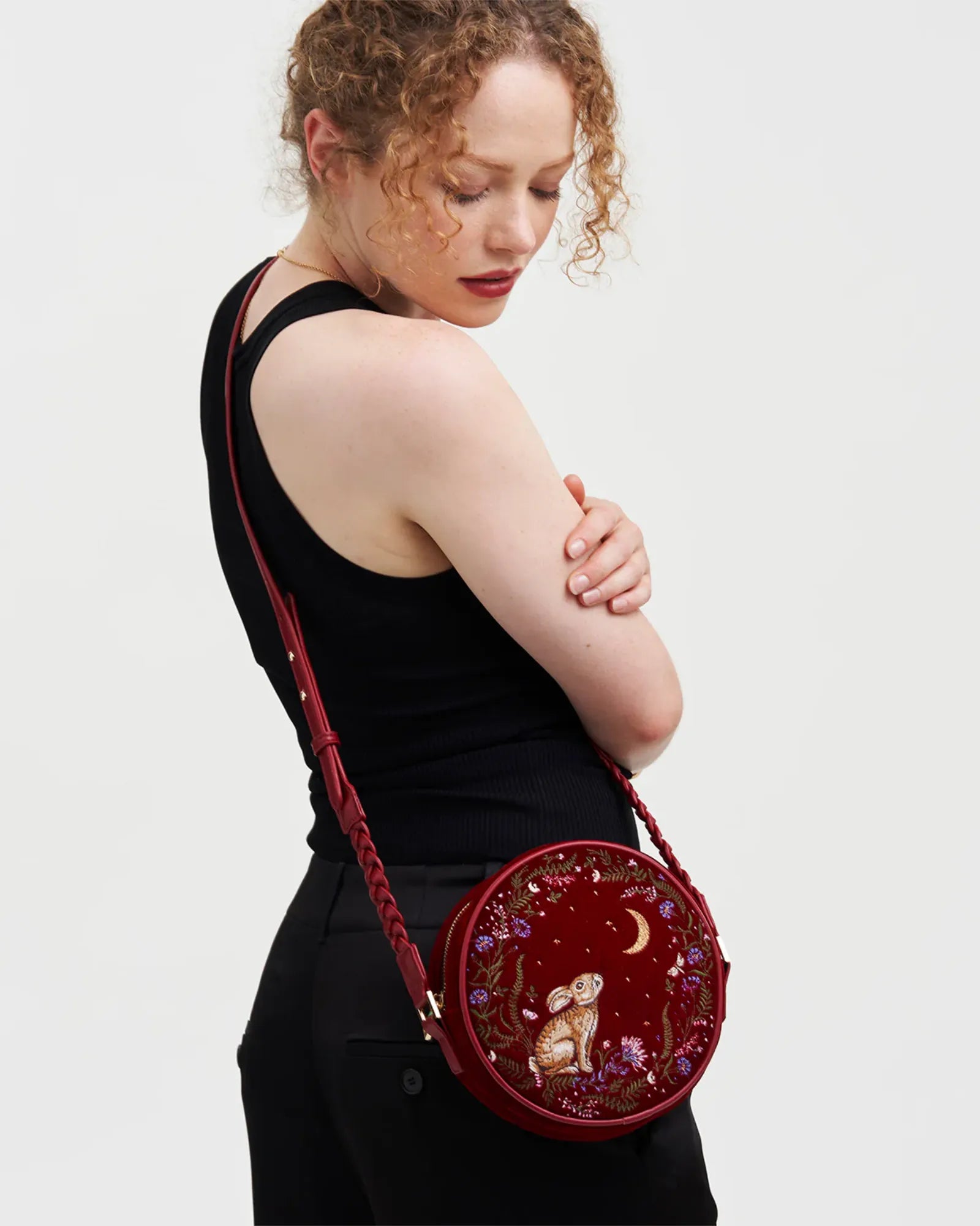 Red Star Gazing Rabbit Embroidered Circle Bag
