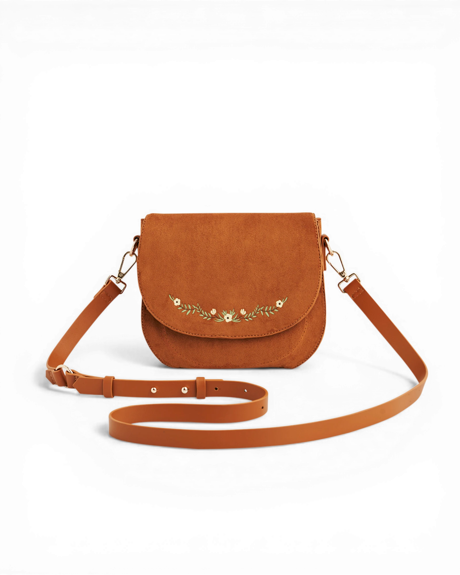 Floral Embroidered Saddle Bag - Tan
