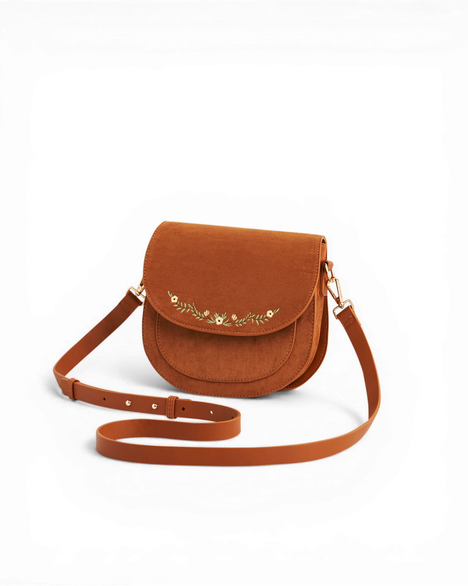 Floral Embroidered Saddle Bag - Tan