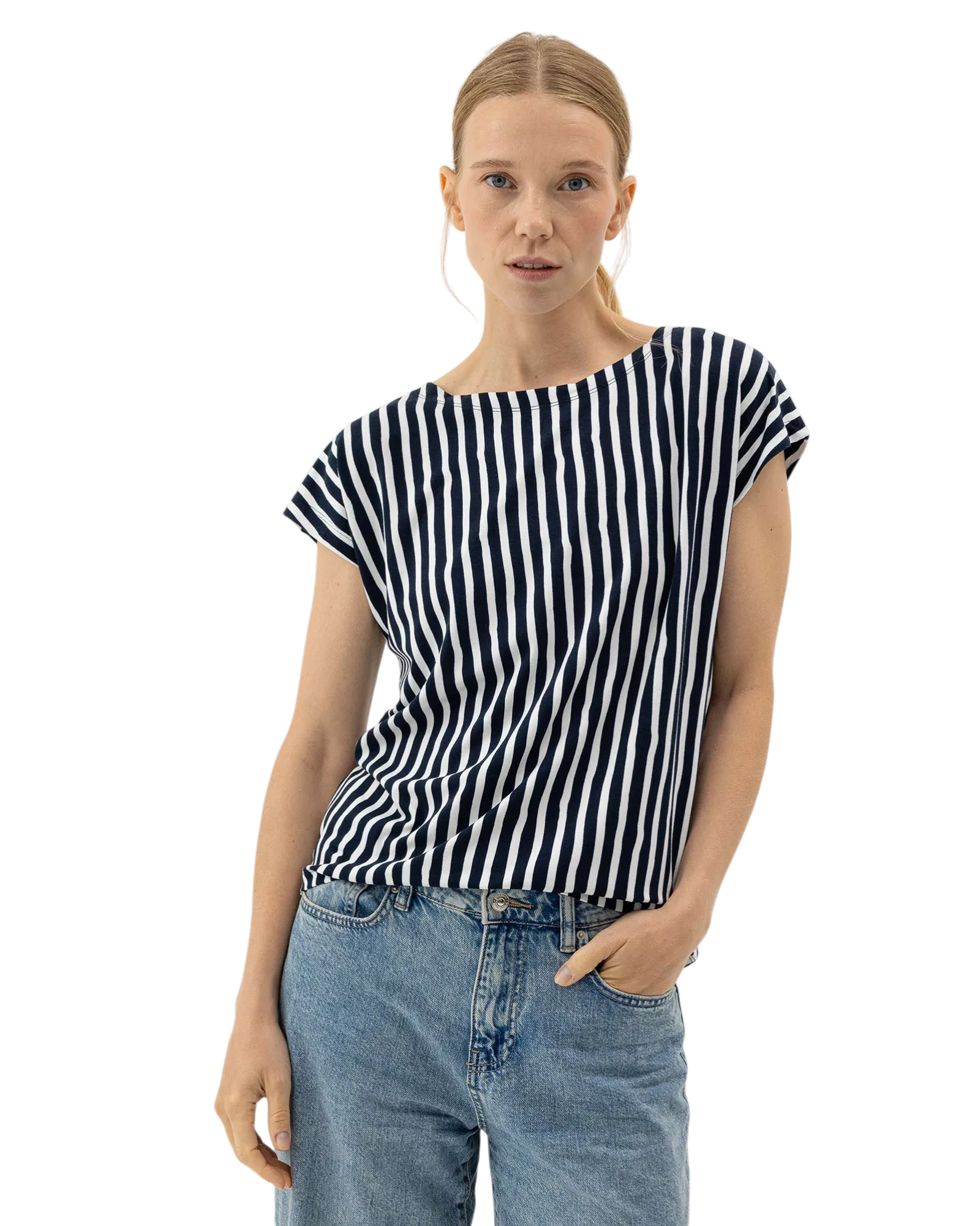 Ellen Capsleeve Top - Navy/Off White