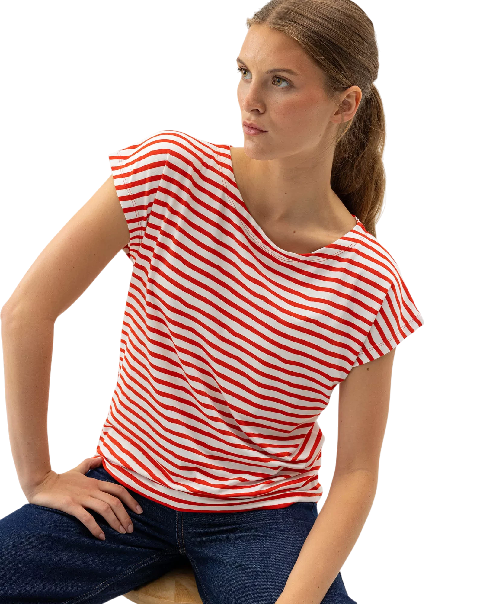 Ellen Capsleeve Top - Off White/Bright Red