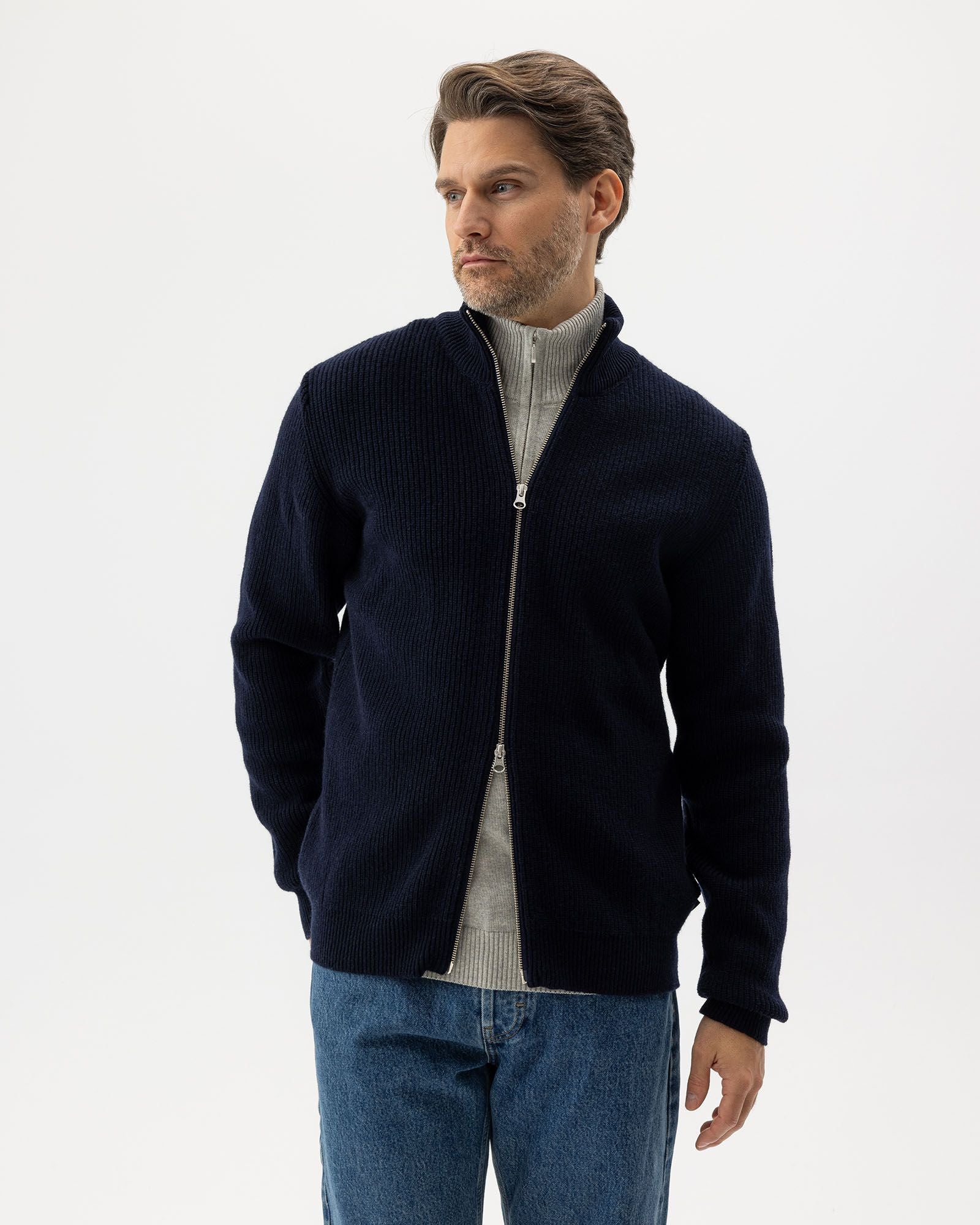 Frank Full Zip Jumper - Navy