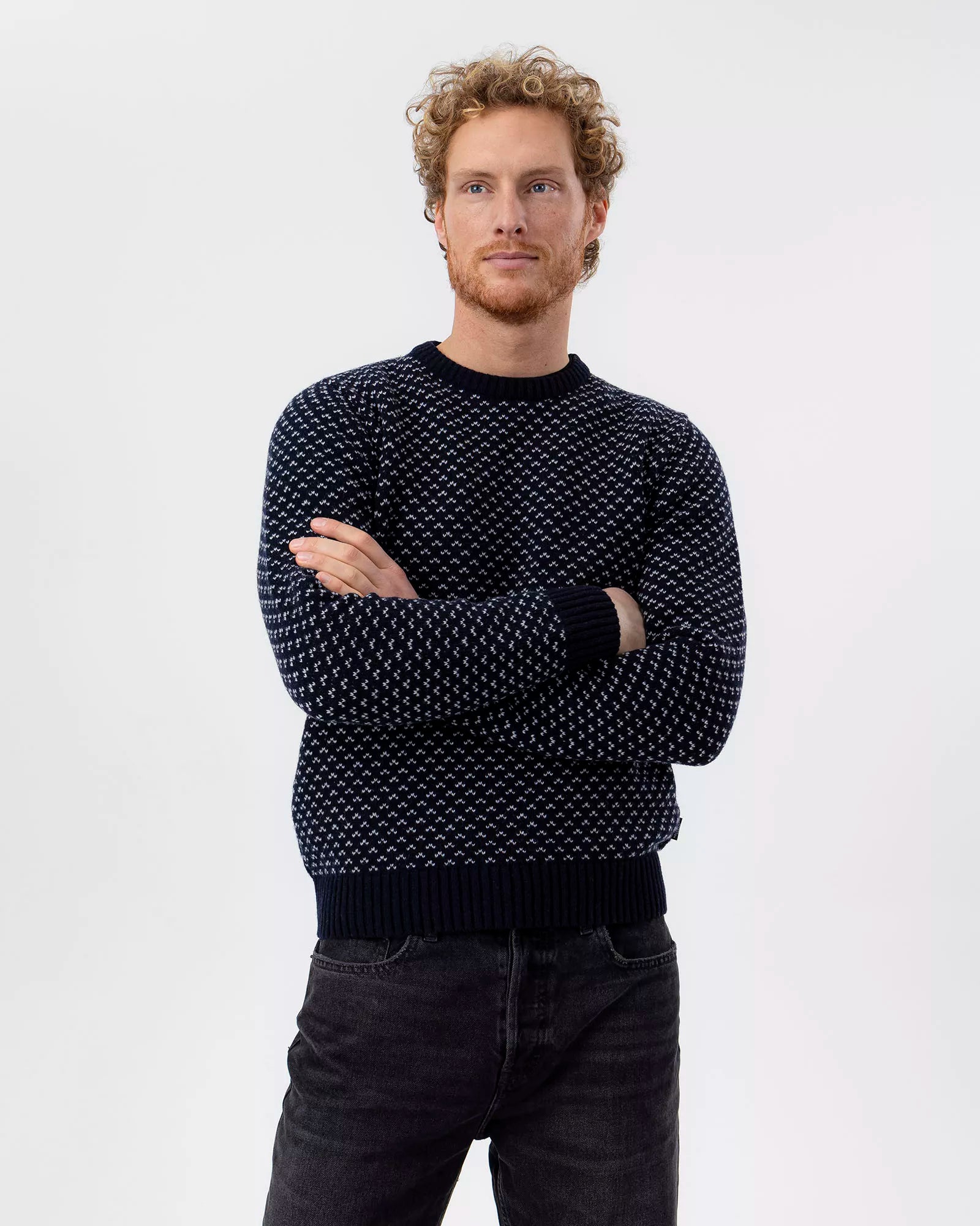 Torsten Pattern Knitted Crew Neck Sweater - Navy/Marble Grey