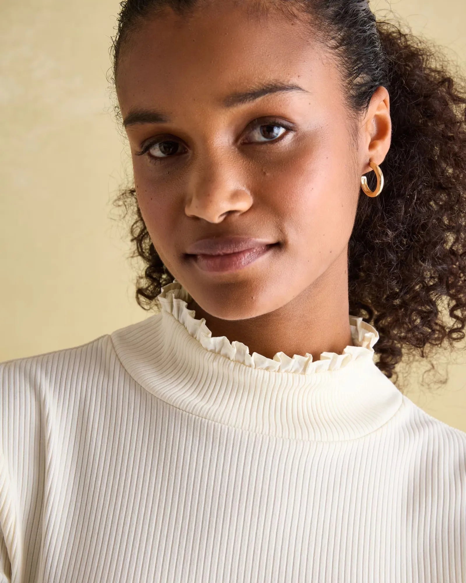 Amy Cream Ribbed Long Sleeve High Neck Jersey Top
