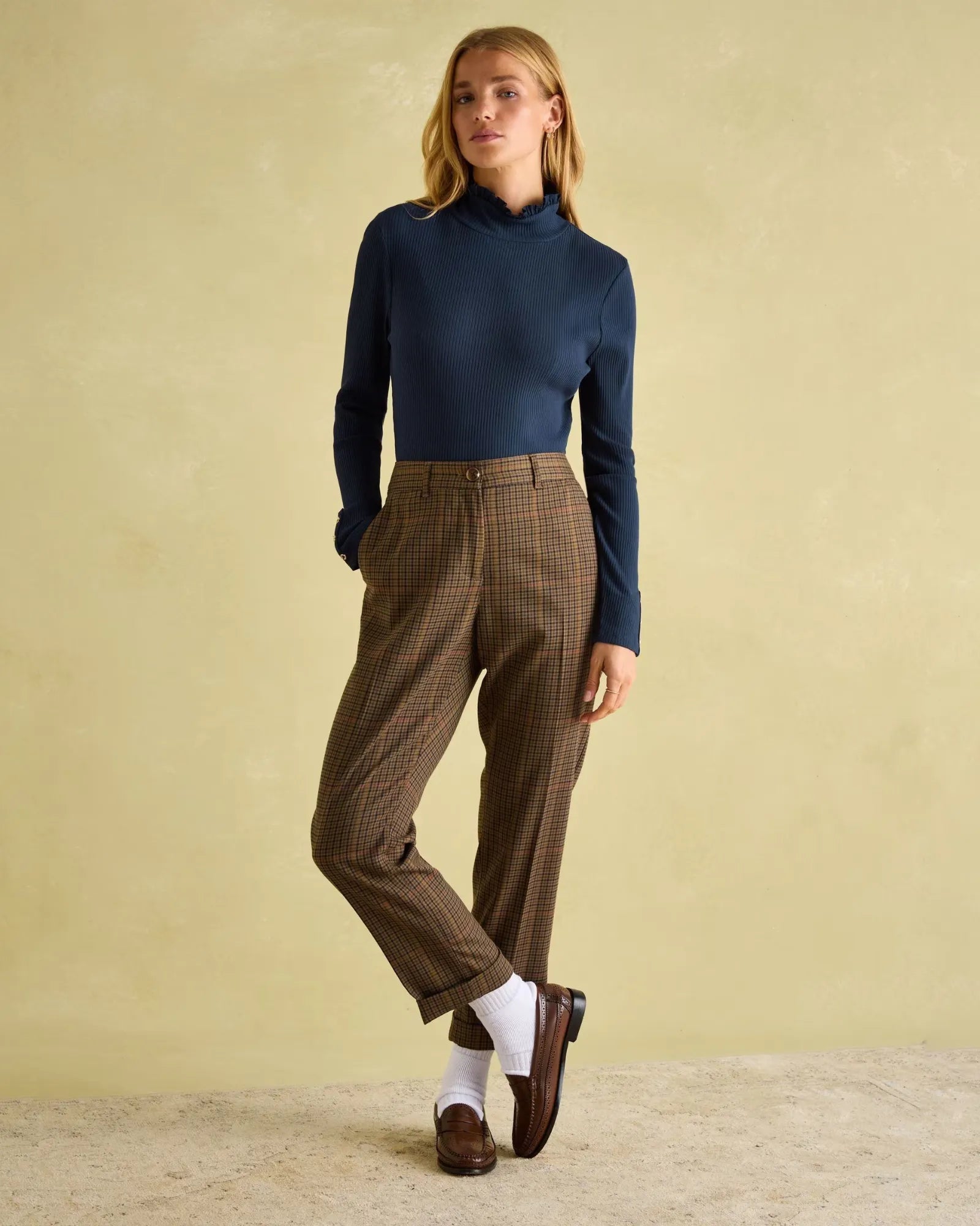 Amy Navy Ribbed Long Sleeve High Neck Jersey Top