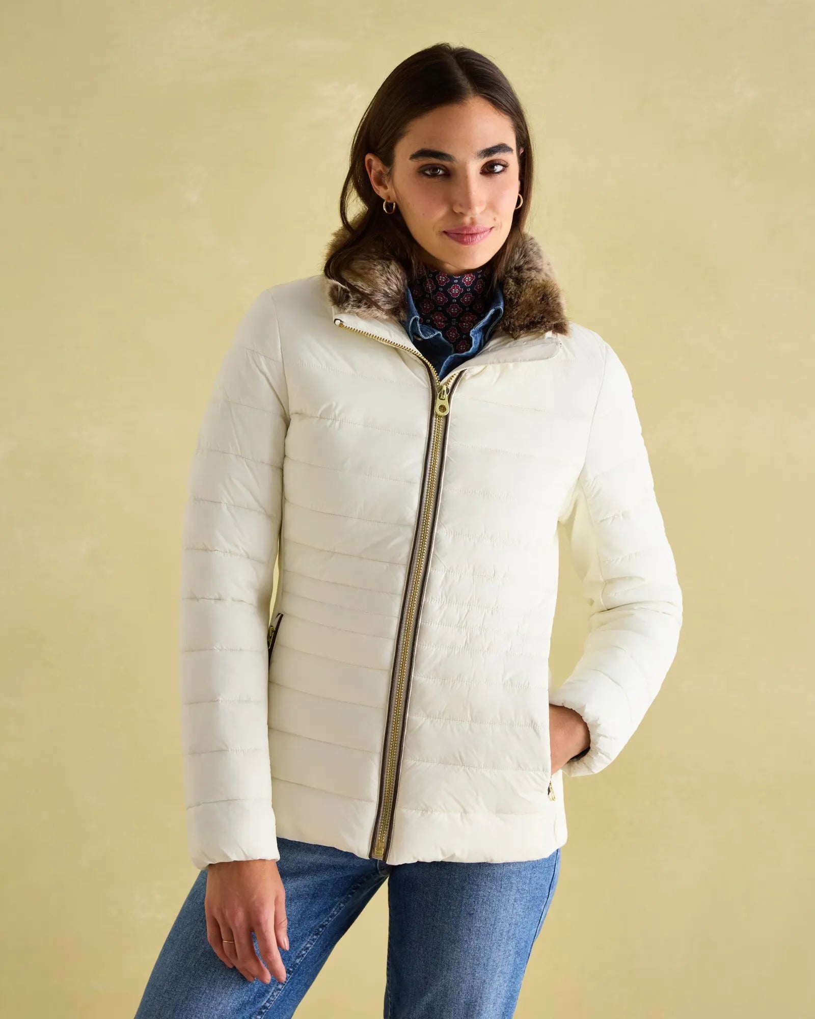 Beckley White Padded Showerproof Jacket with Faux Fur Trim