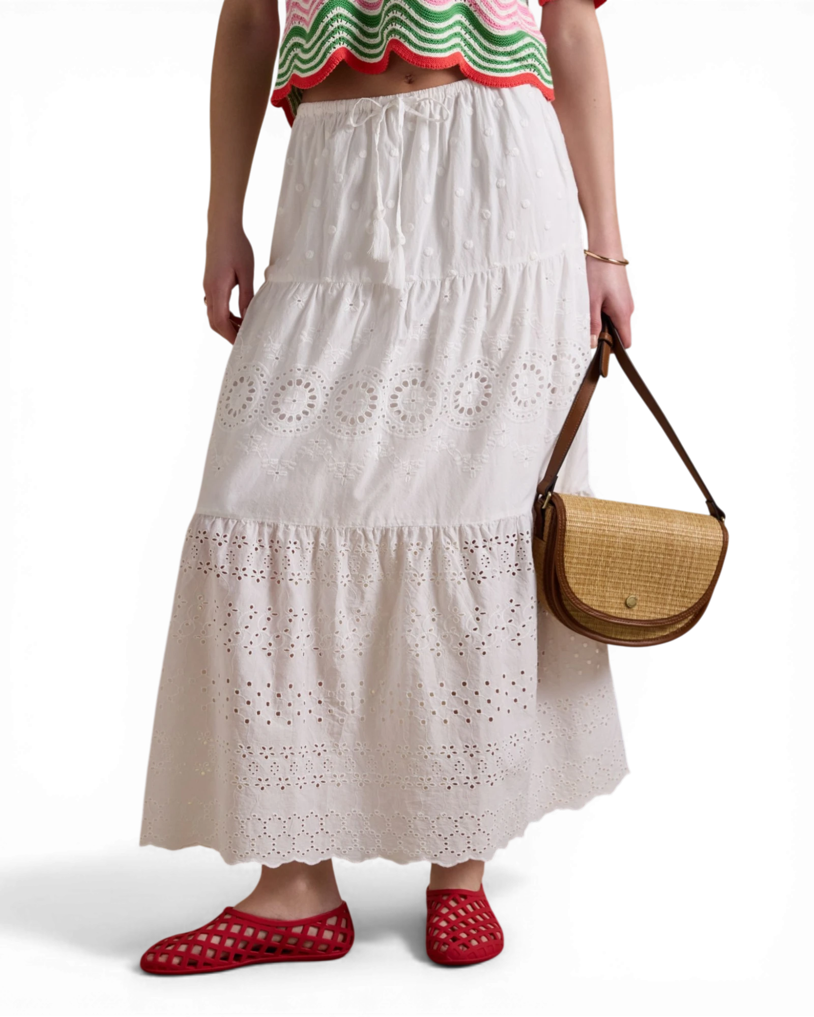 Broderie Tiered Maxi Skirt - White