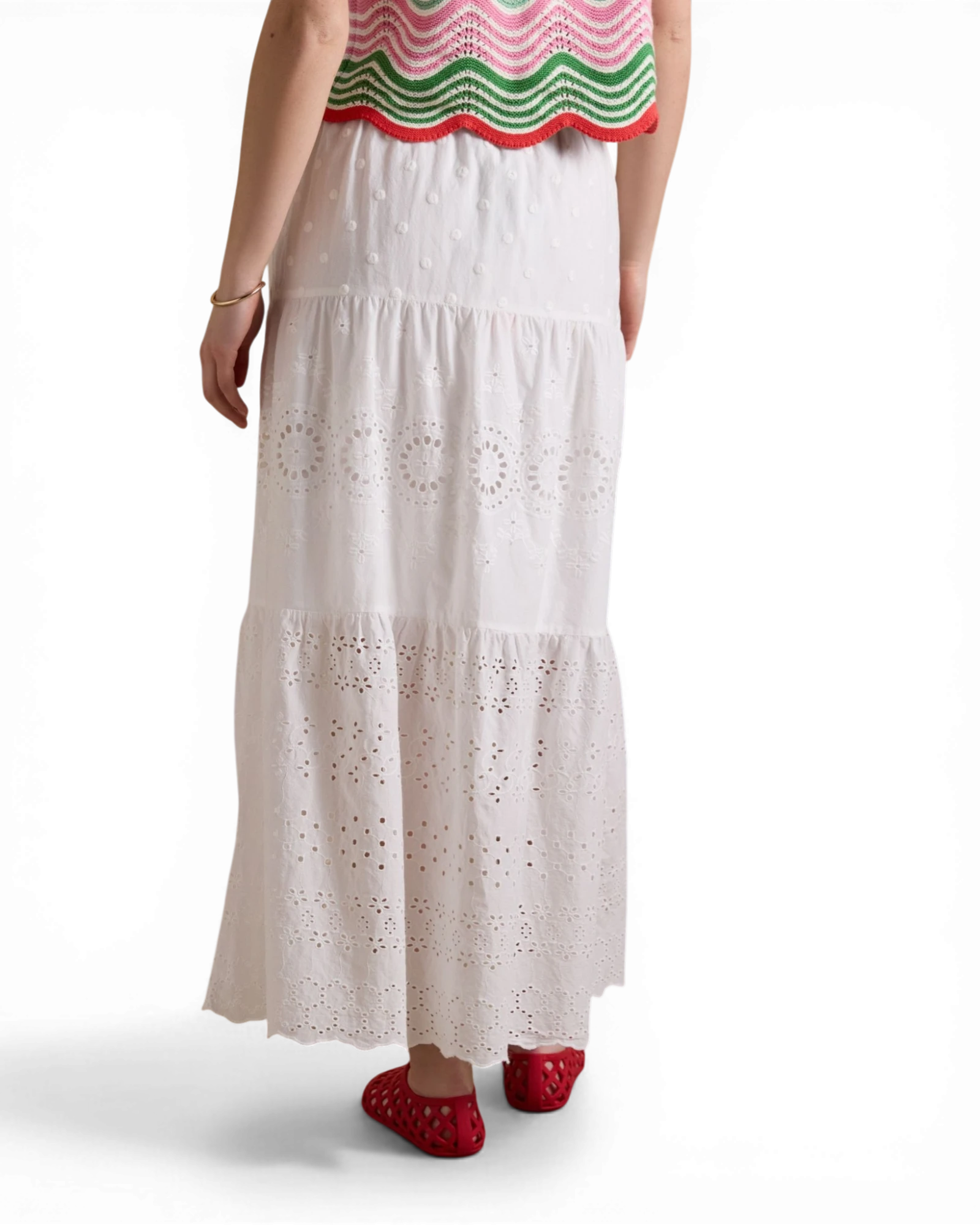Broderie Tiered Maxi Skirt - White