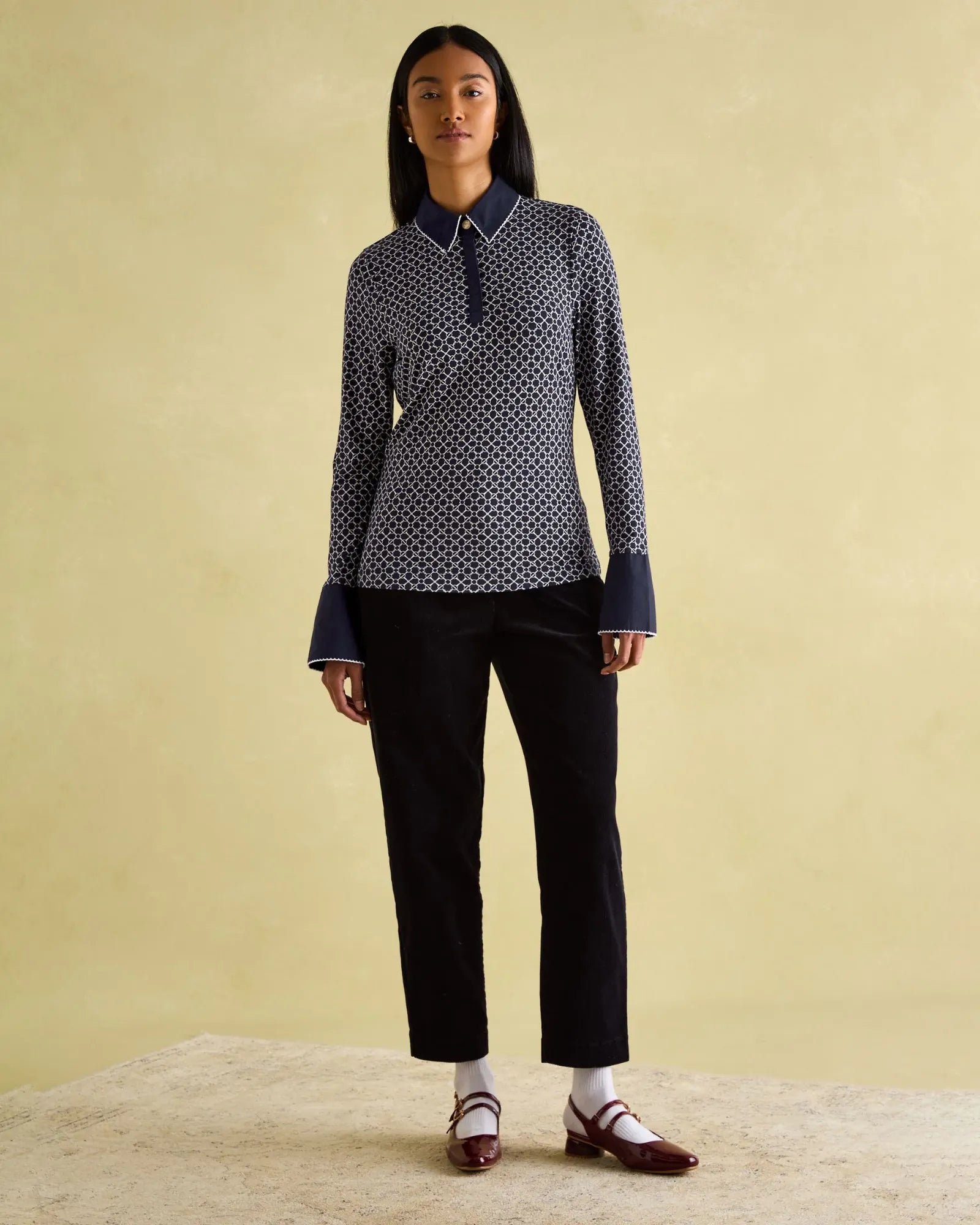 Cordelia Navy Geo Long Sleeve Top