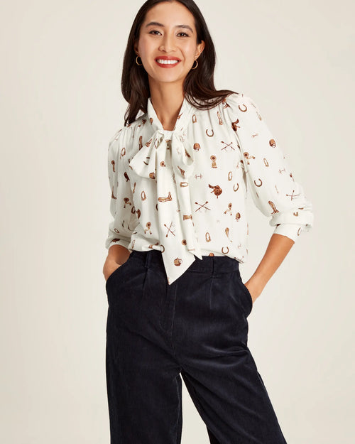 Everly Tie Neck Blouse - Equestrian Print