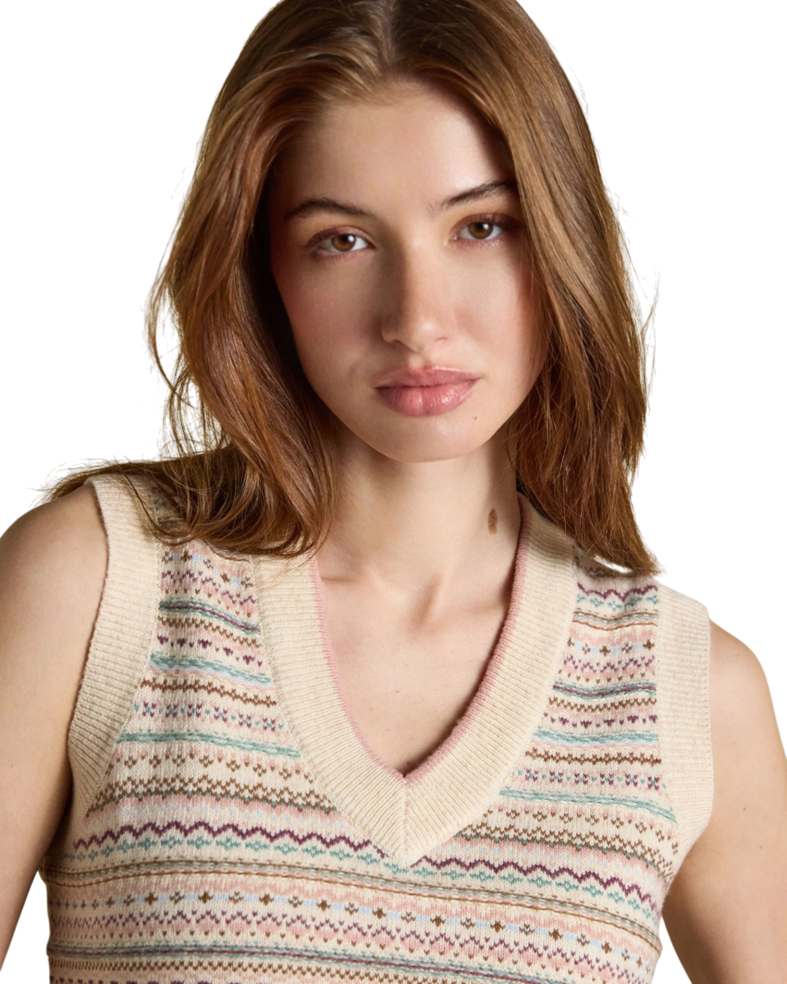 Fairisle V-Neck Vest - Oatmeal