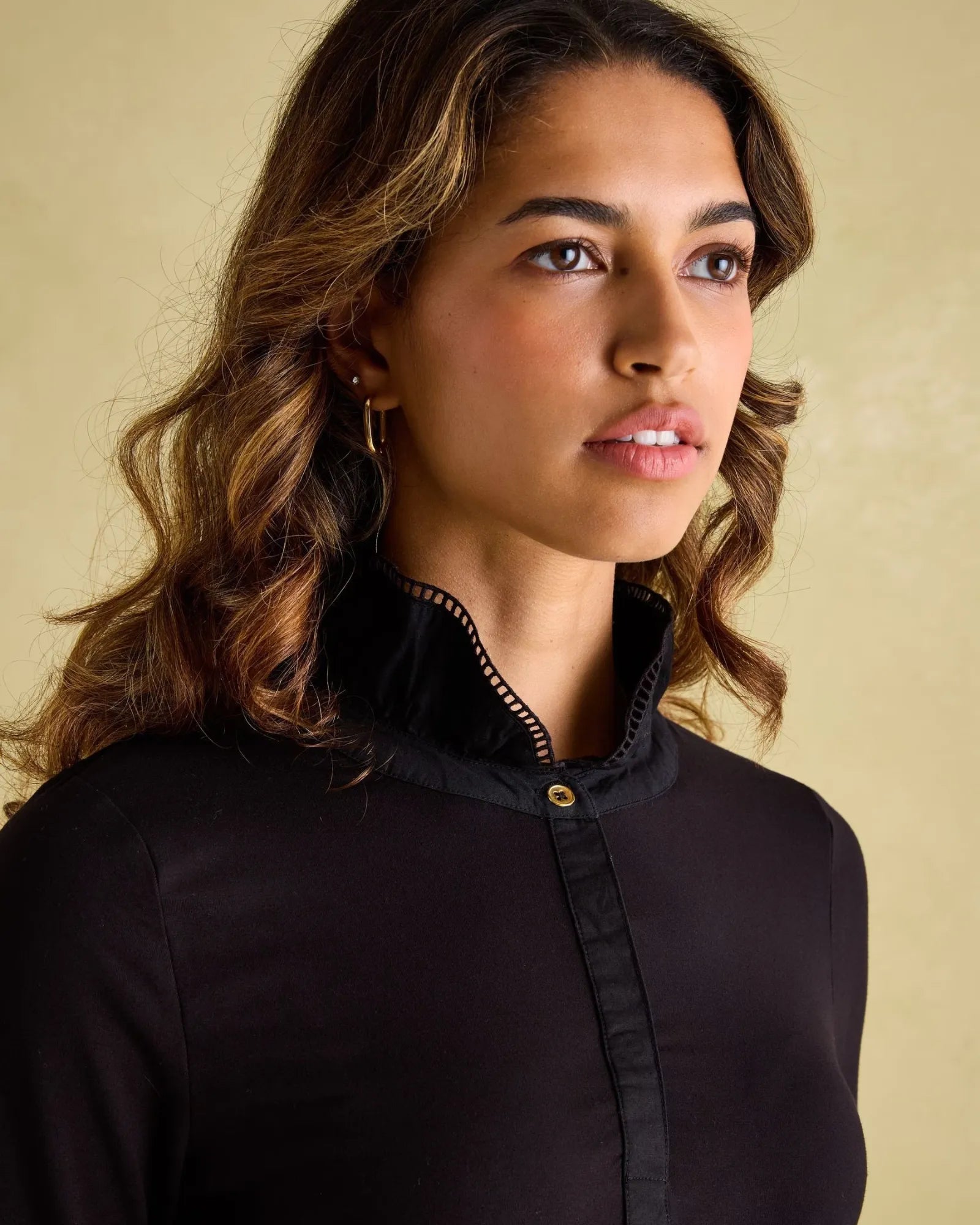 Kate Black Long Sleeve Frilled Neck Top