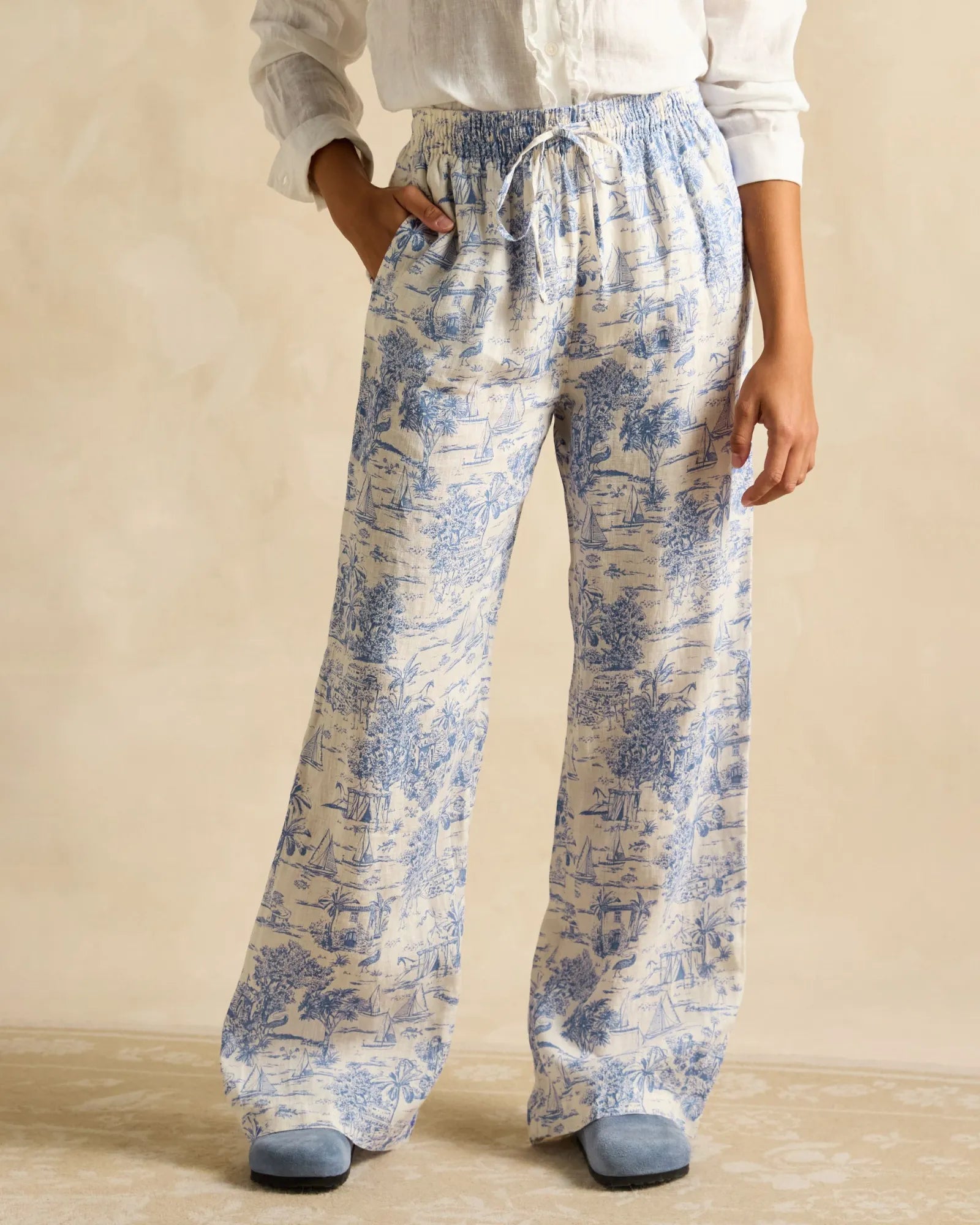 Linen Trousers - Blue Toile de Jouy