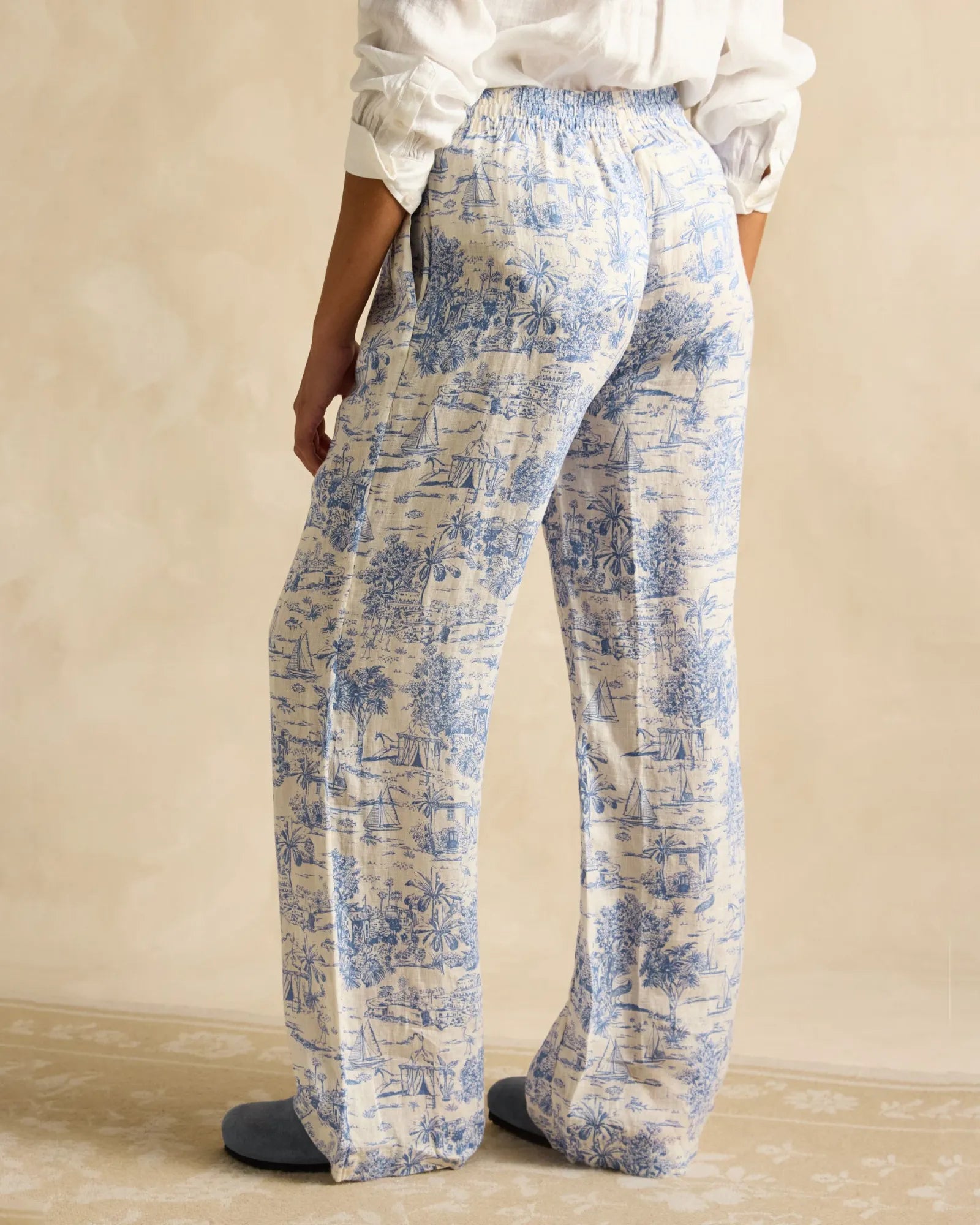 Linen Trousers - Blue Toile de Jouy