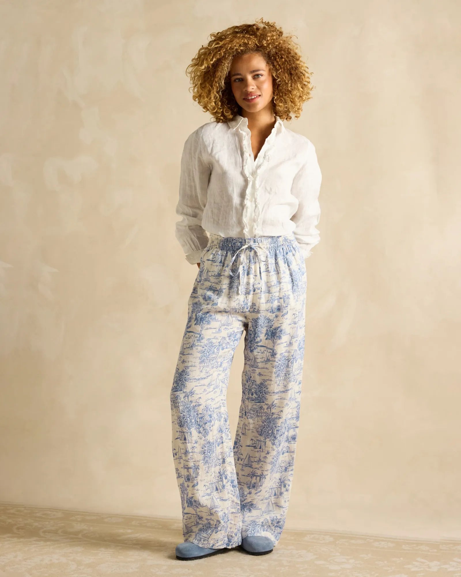 Linen Trousers - Blue Toile de Jouy