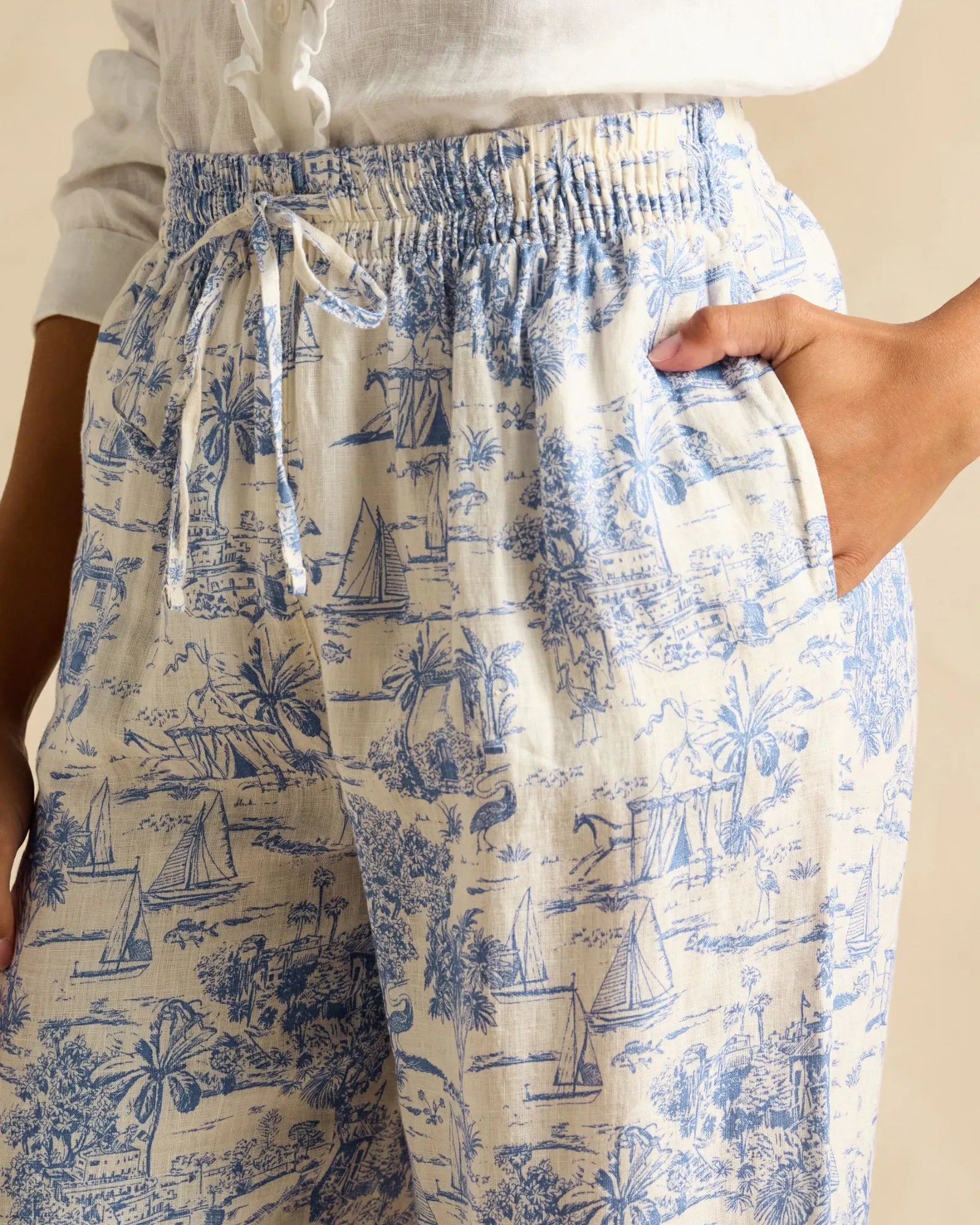 Linen Trousers - Blue Toile de Jouy
