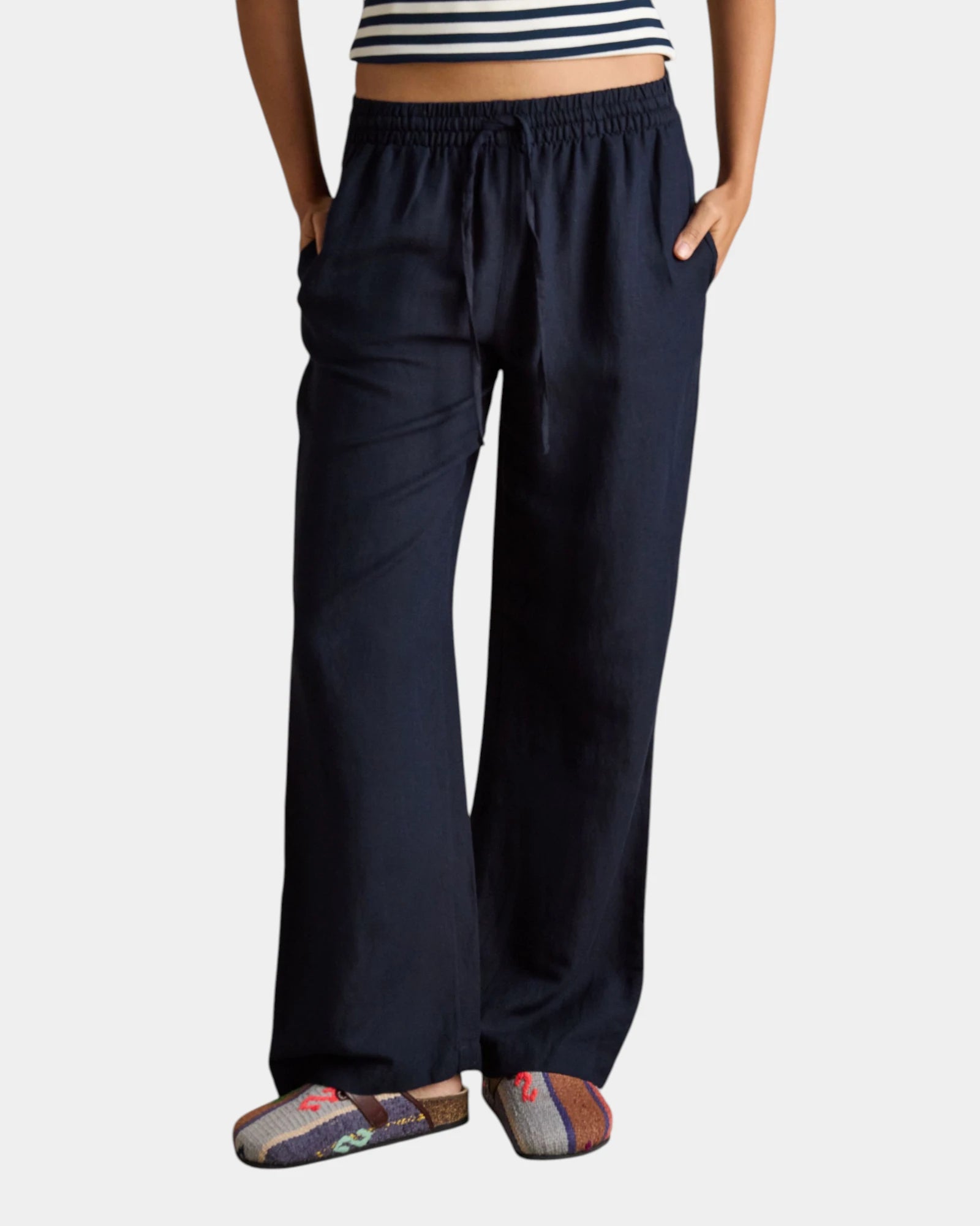 Linen Wide Leg Trousers - Navy