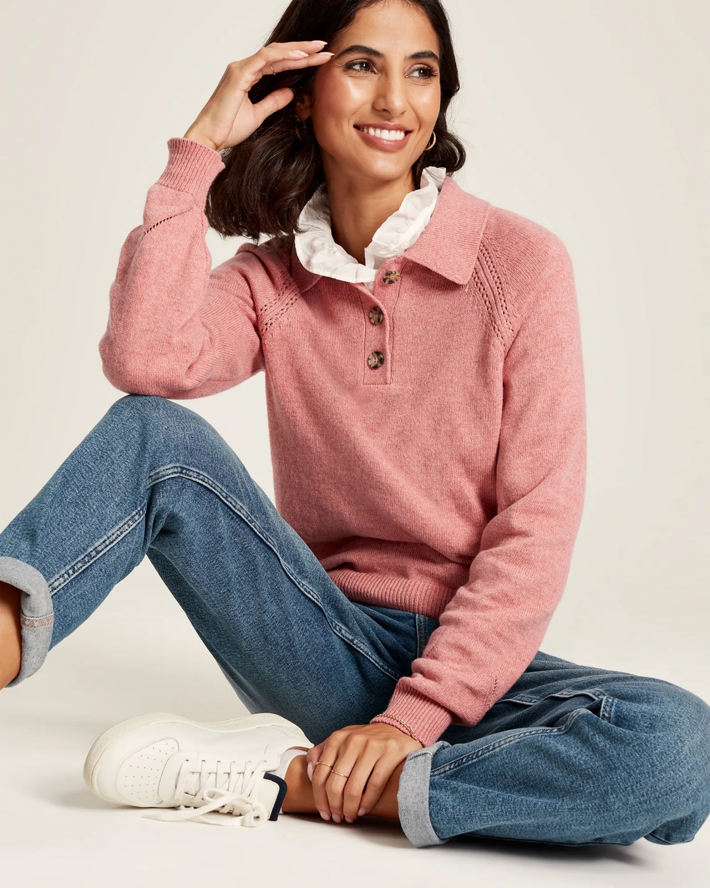 Mia Collared Pointelle Jumper - Pink