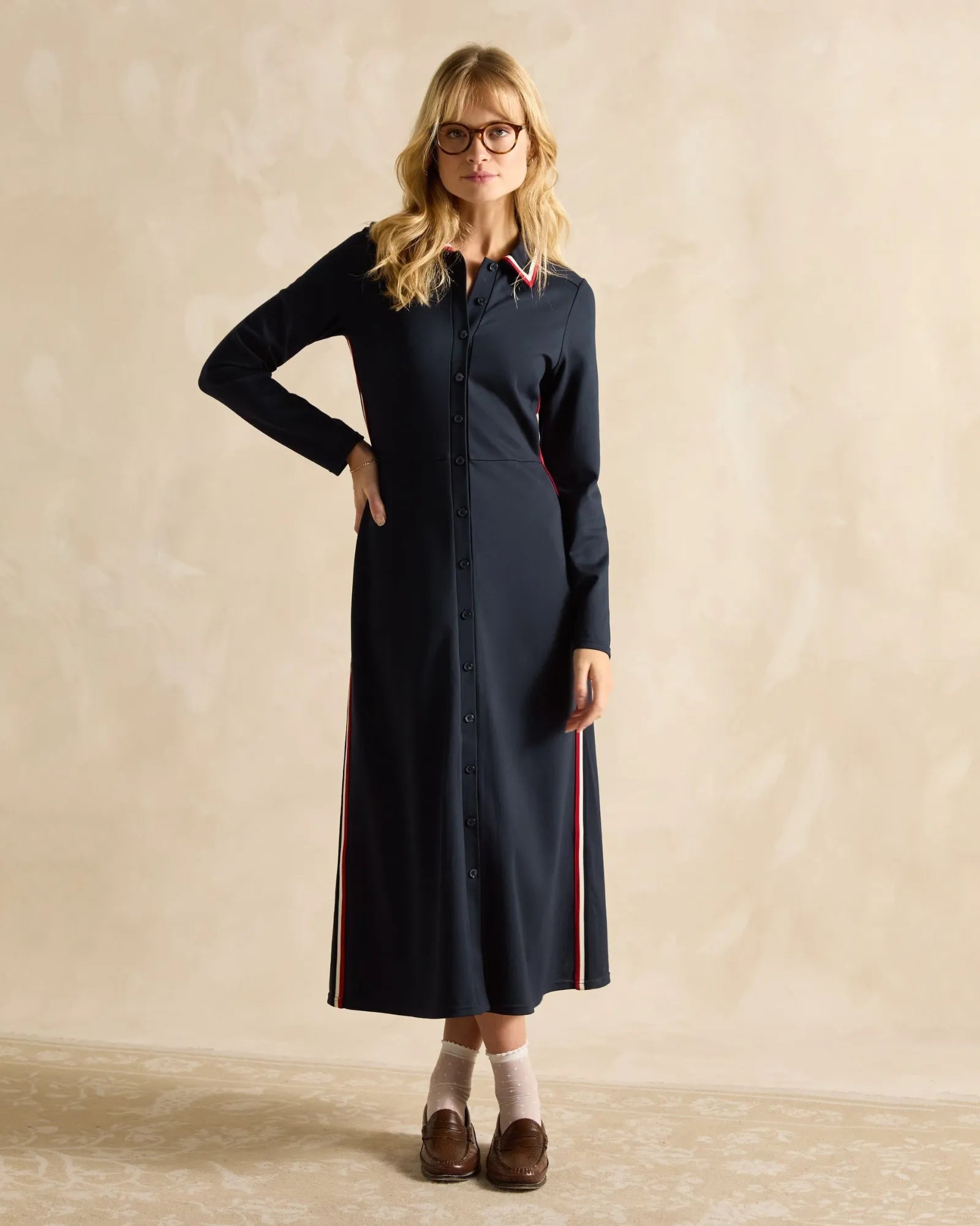 Pia Navy Blue Ponte Button Down Dress